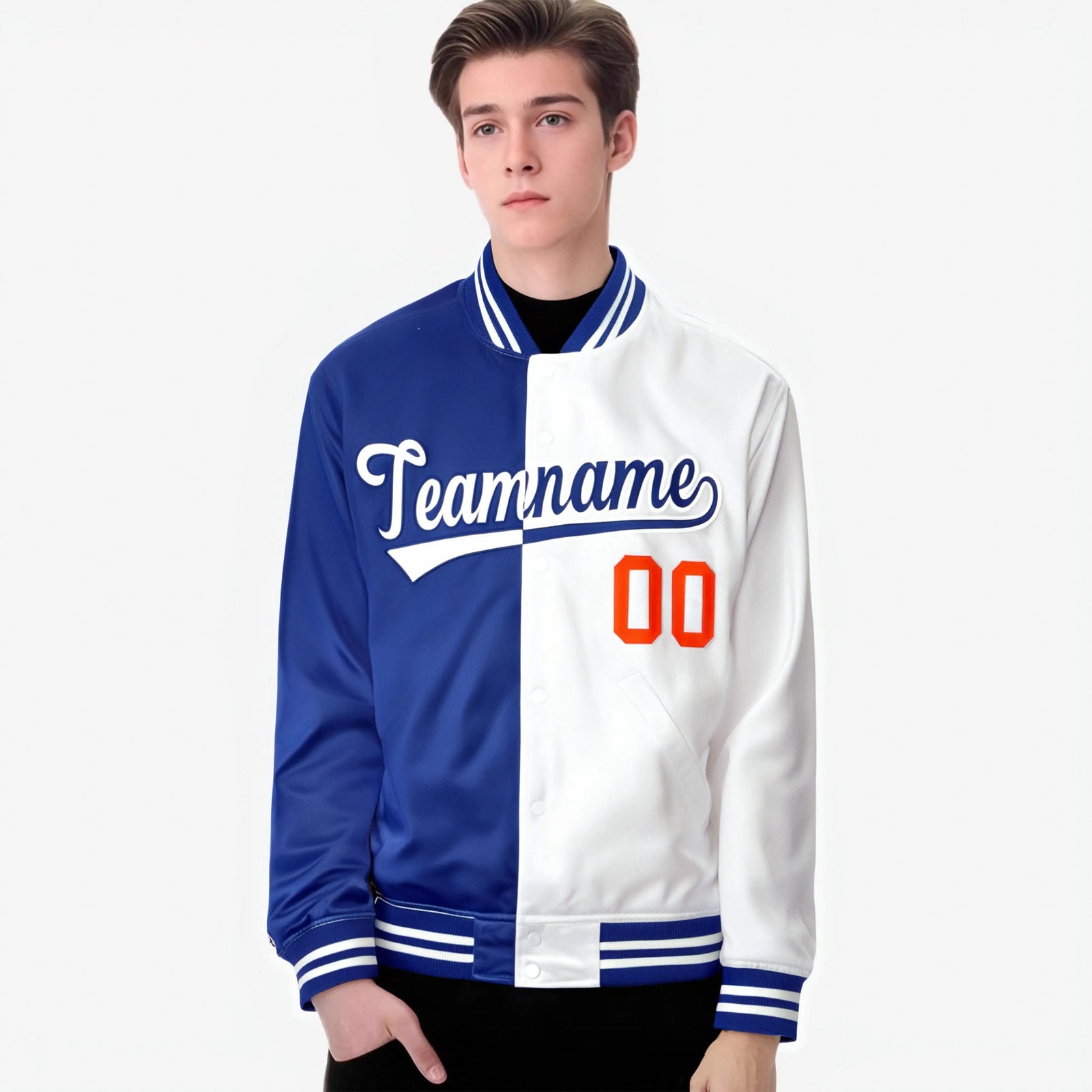 Custom Royal Blue Orange White Bomber Full-Snap Varsity Letterman Split Fashion Jacket