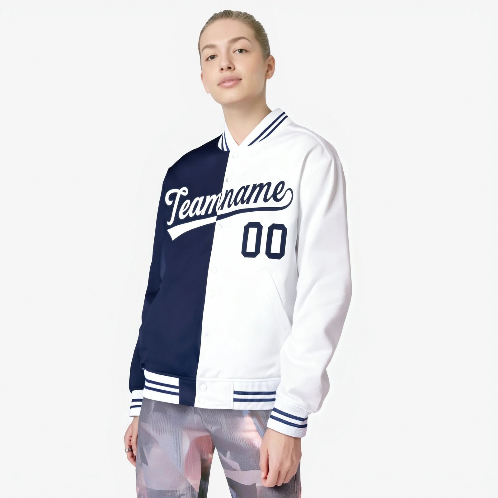 Custom Navy White Bomber Full-Snap Varsity Letterman Split Fashion Jacket