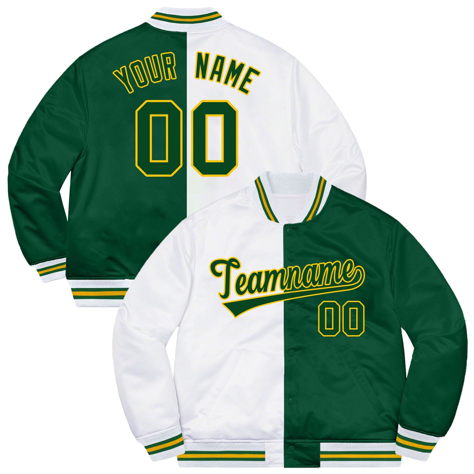 Custom White Gold Green Bomber Full-Snap Varsity Letterman Split Fashion Jacket