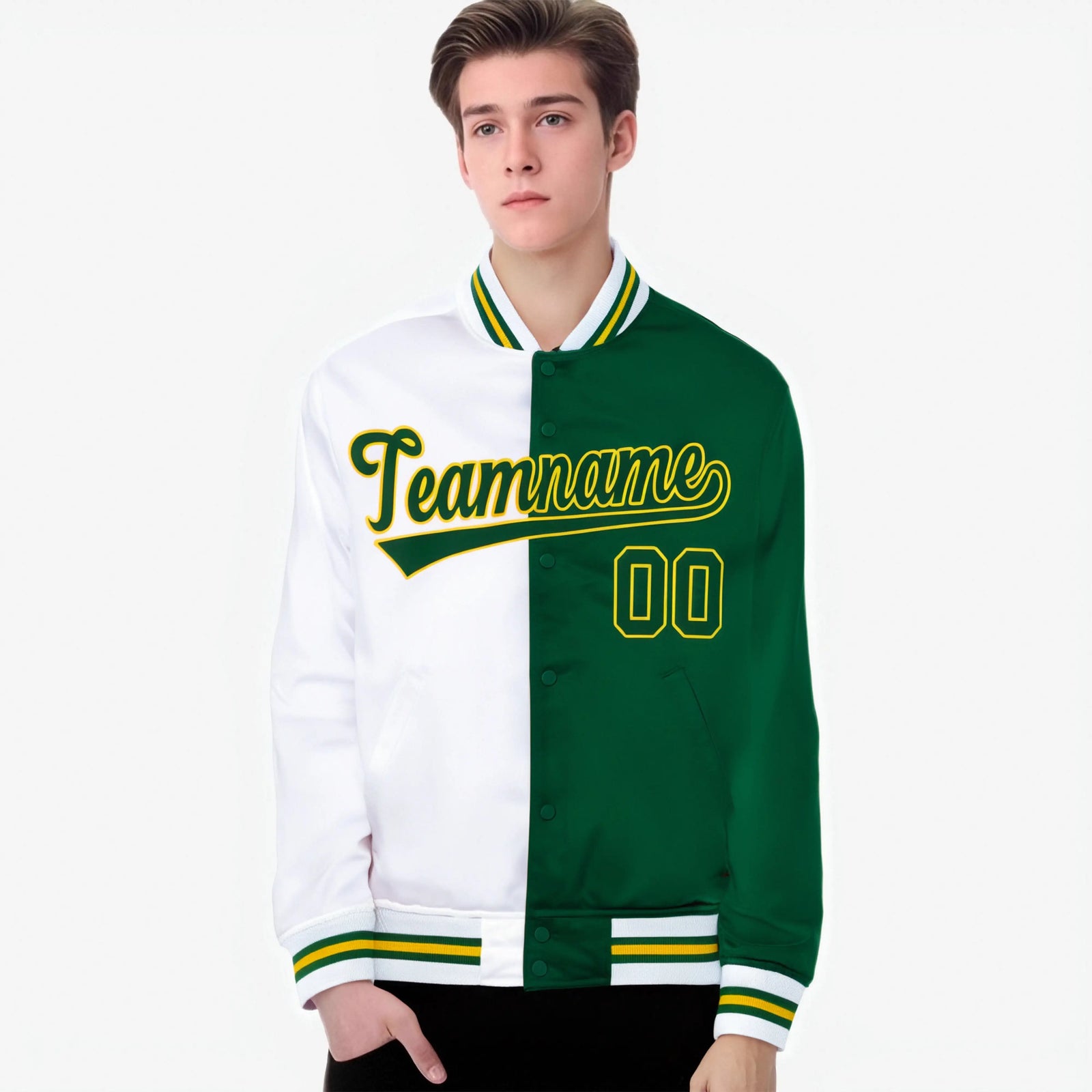 Custom White Gold Green Bomber Full-Snap Varsity Letterman Split Fashion Jacket