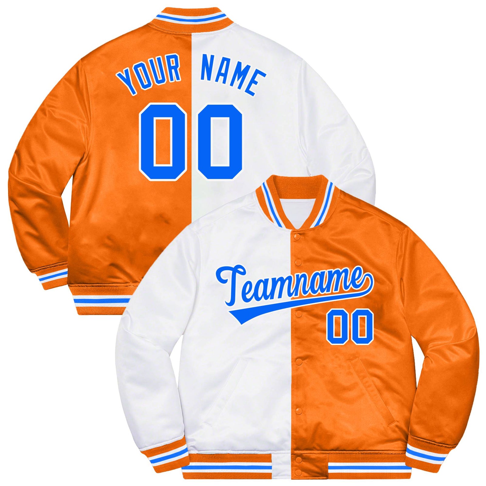 Custom White Light Blue Orange Bomber Full-Snap Varsity Letterman Split Fashion Jacket