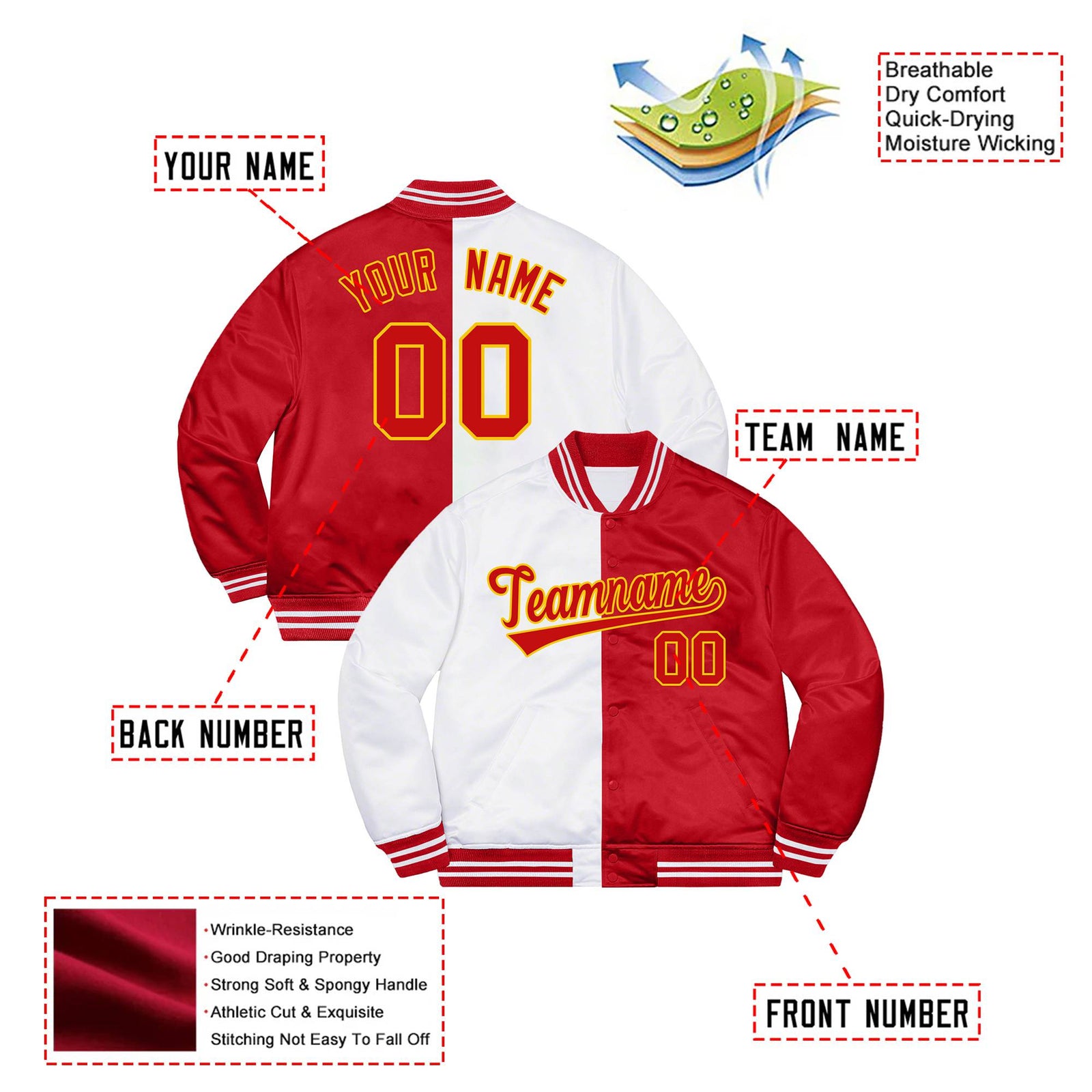 Custom White Gold Red Bomber Full-Snap Varsity Letterman Split Fashion Jacket