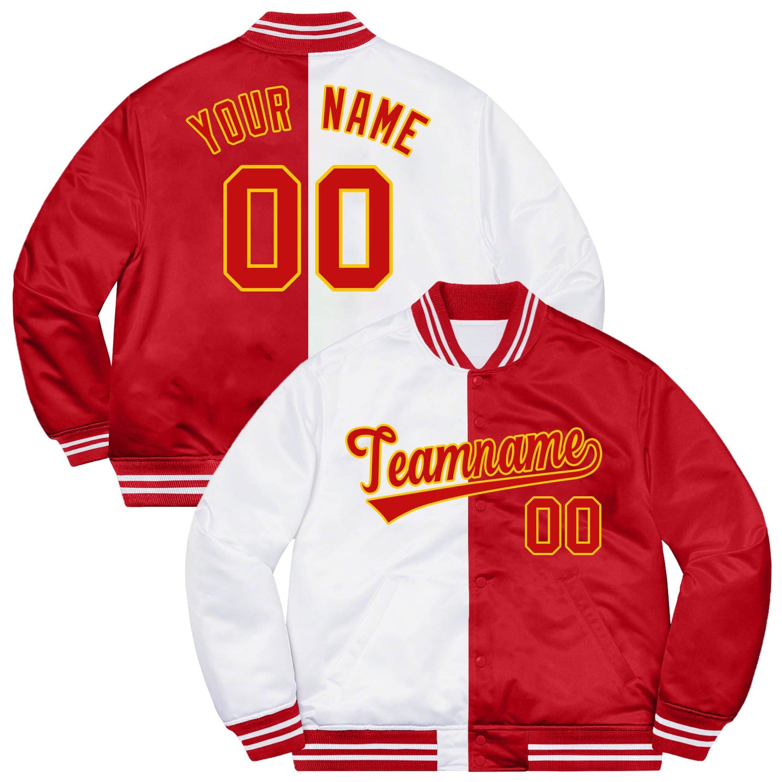 Custom White Gold Red Bomber Full-Snap Varsity Letterman Split Fashion Jacket