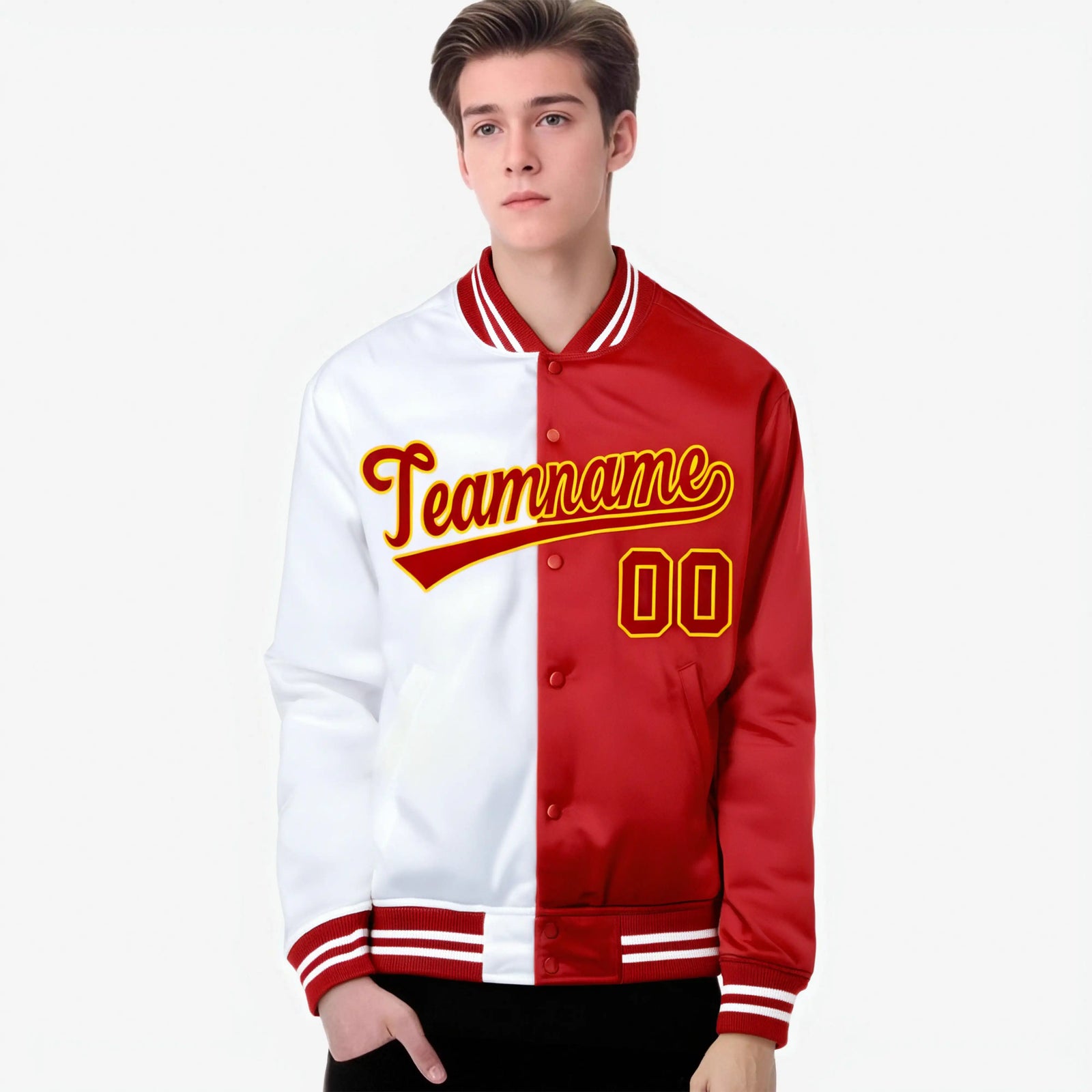 Custom White Gold Red Bomber Full-Snap Varsity Letterman Split Fashion Jacket