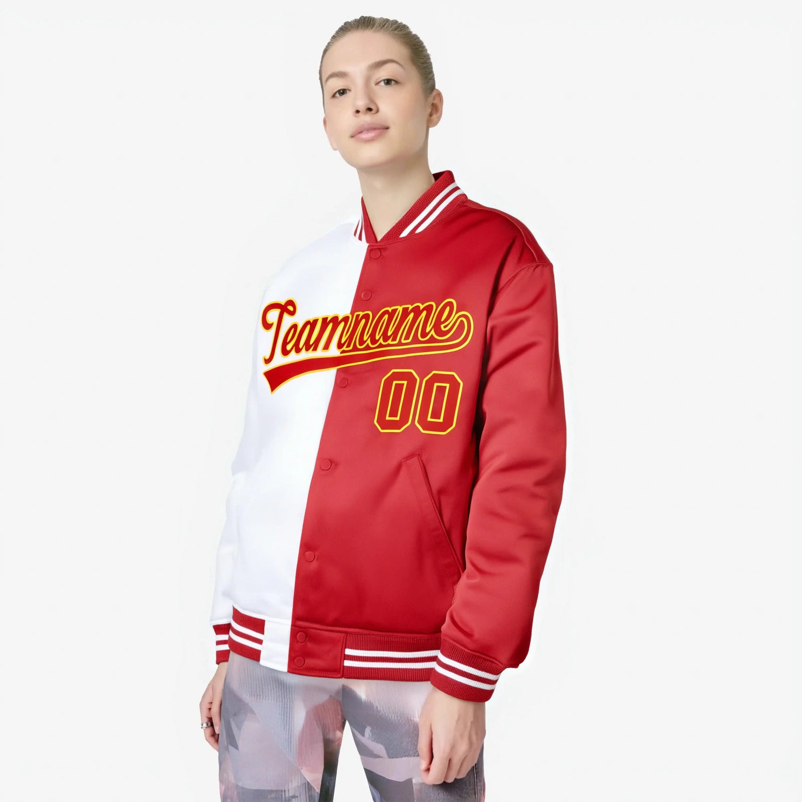 Custom White Gold Red Bomber Full-Snap Varsity Letterman Split Fashion Jacket