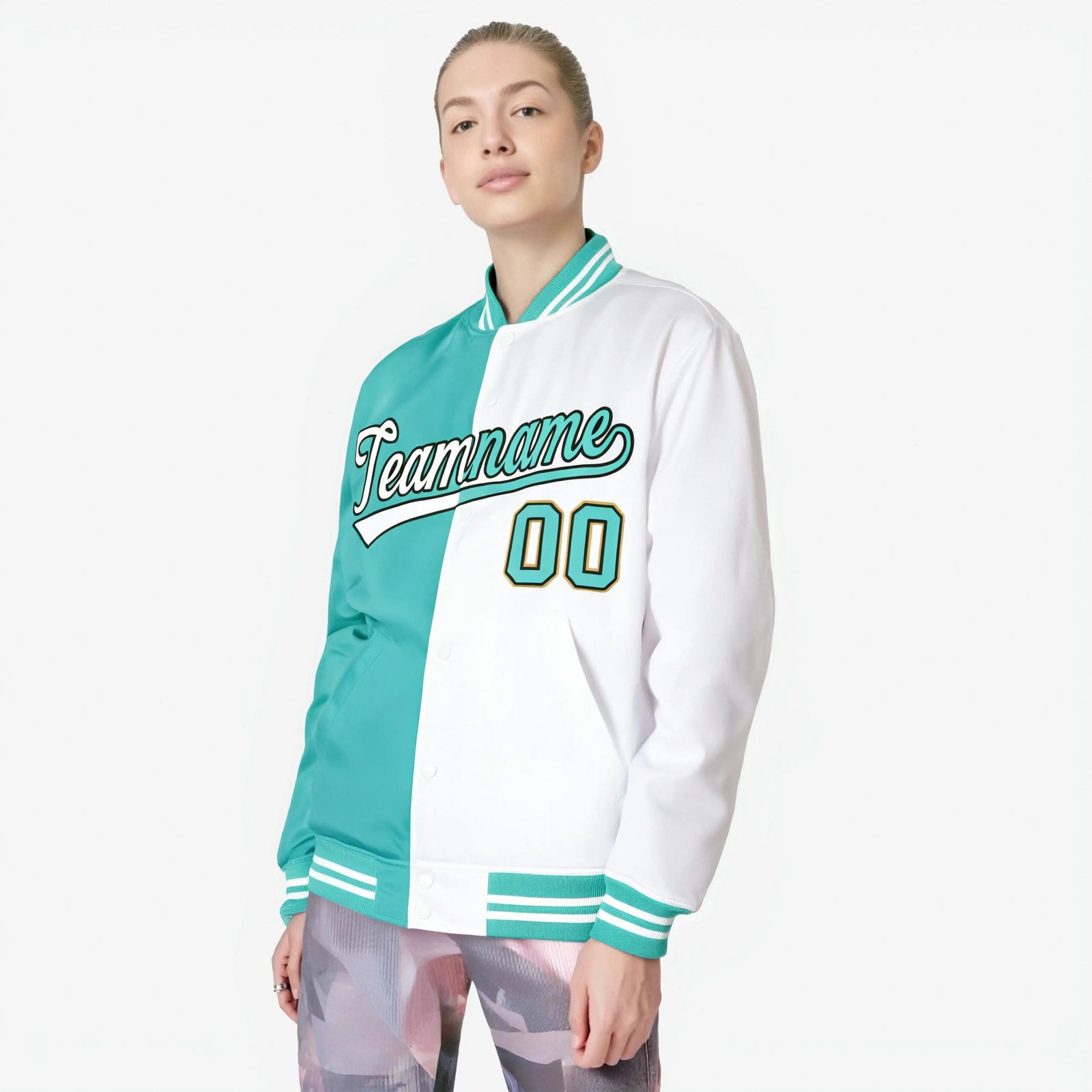 Custom Bright Green White Black Bomber Full-Snap Varsity Letterman Split Fashion Jacket