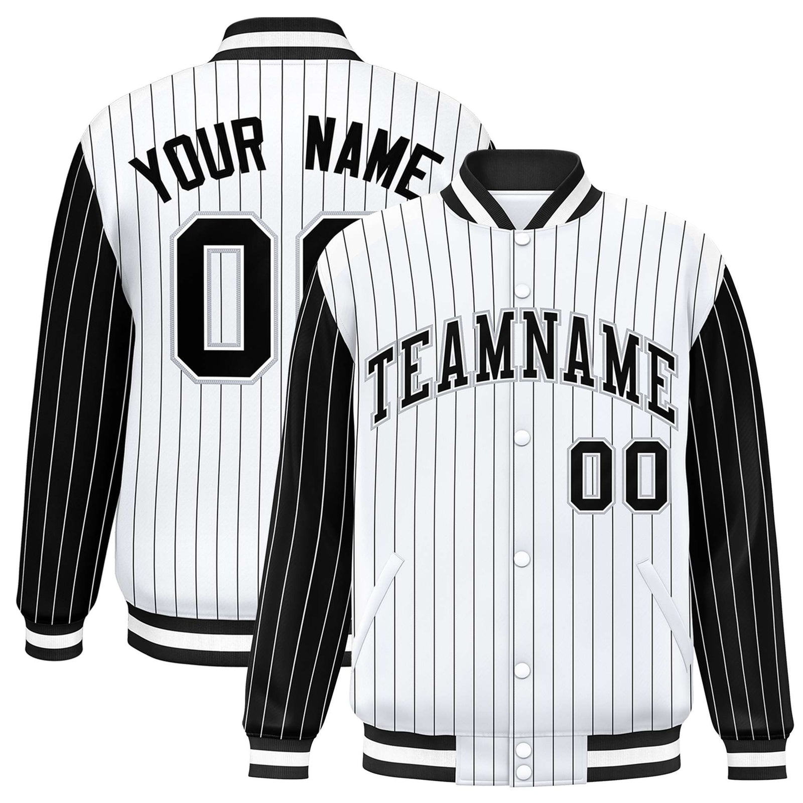 Custom White Black Pinstripe Gray-Black Bomber Full-Snap Varsity Letterman Jacket