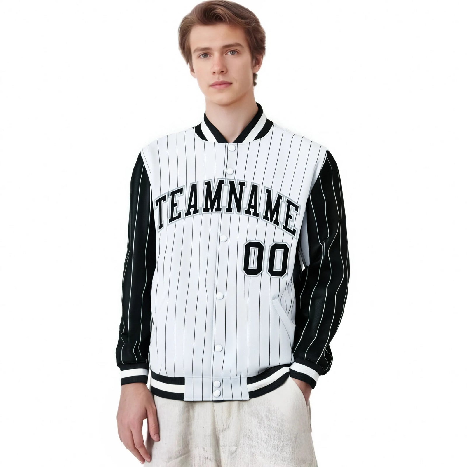 Custom White Black Pinstripe Gray-Black Bomber Full-Snap Varsity Letterman Jacket