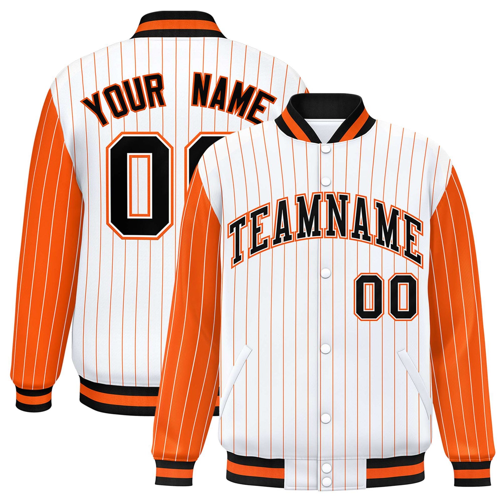Custom White Orange Pinstripe Orange-Black Bomber Full-Snap Varsity Letterman Jacket