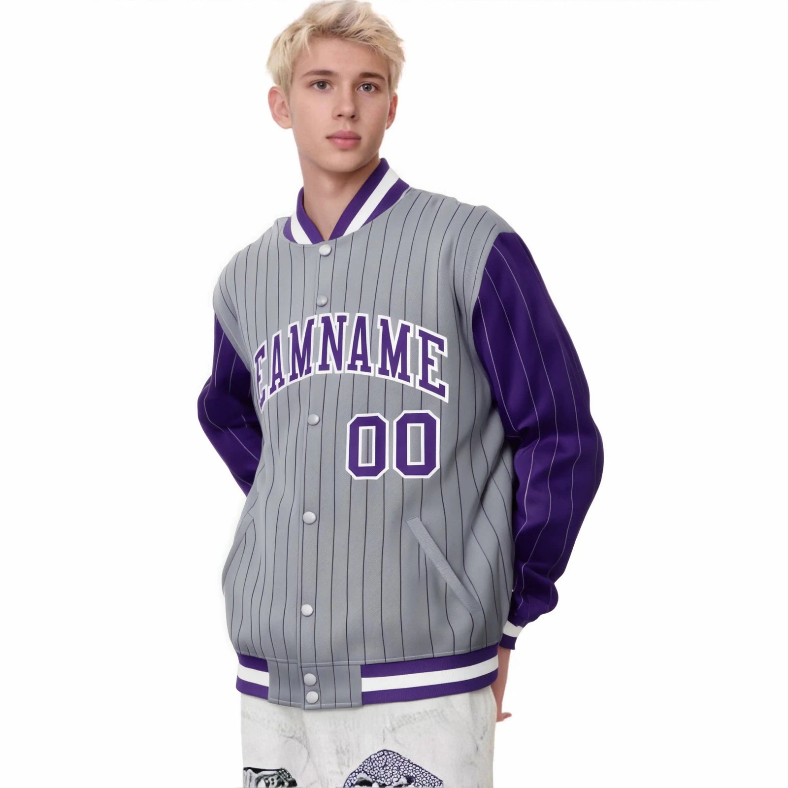 Custom Gray Purple Pinstripe White-Purple Bomber Full-Snap Varsity Letterman Jacket