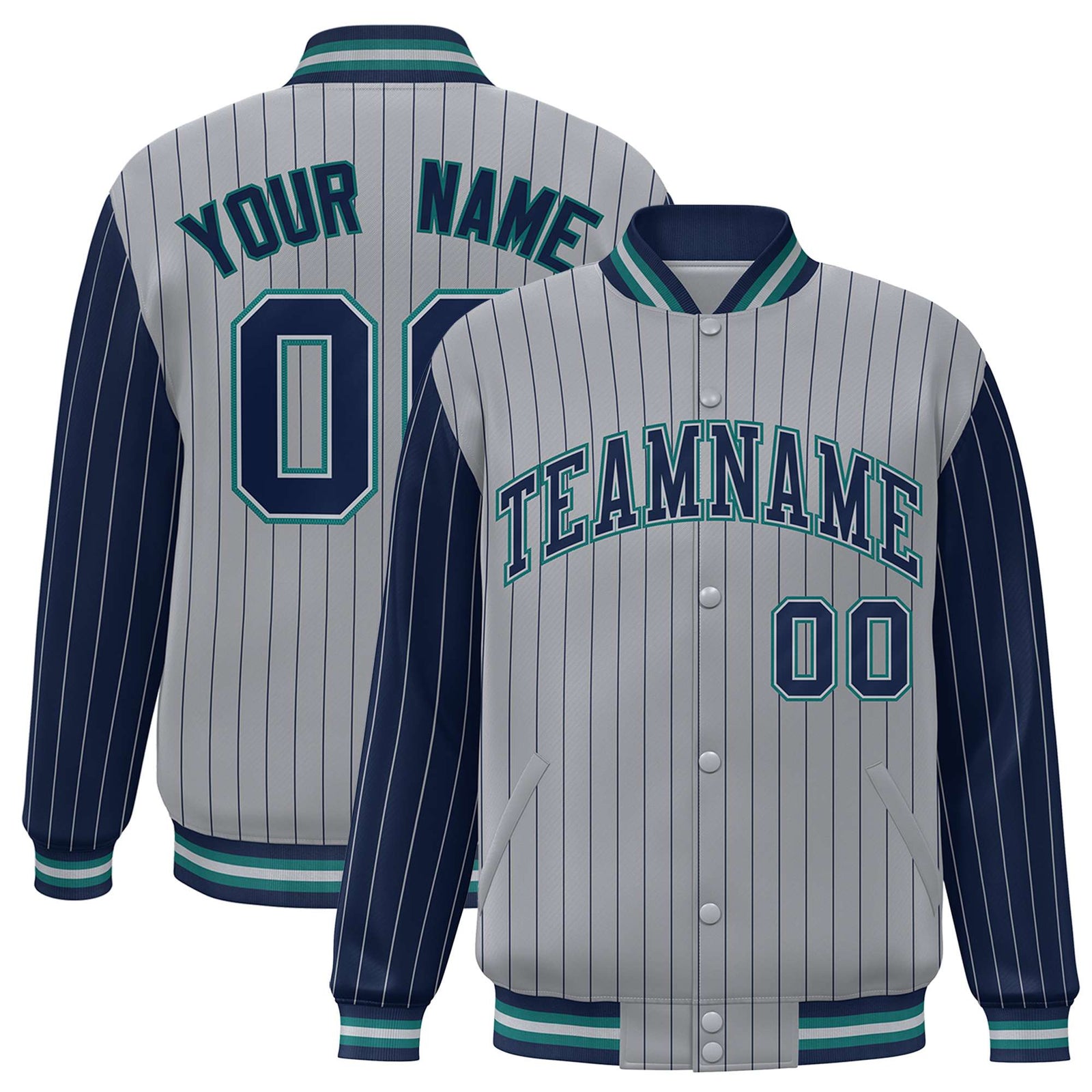 Custom Gray Navy Pinstripe Aqua-Navy Bomber Full-Snap Varsity Letterman Jacket