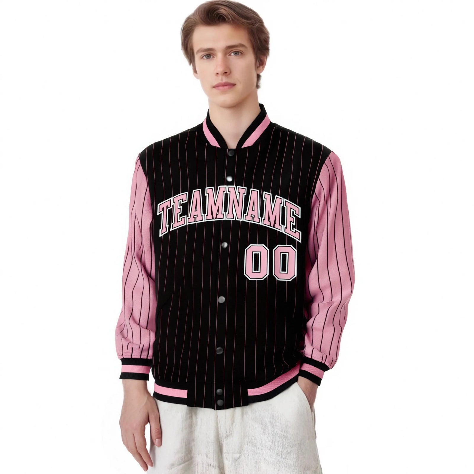 Custom Black Light-Pink Pinstripe White Light-Pink Bomber Full-Snap Varsity Letterman Jacket