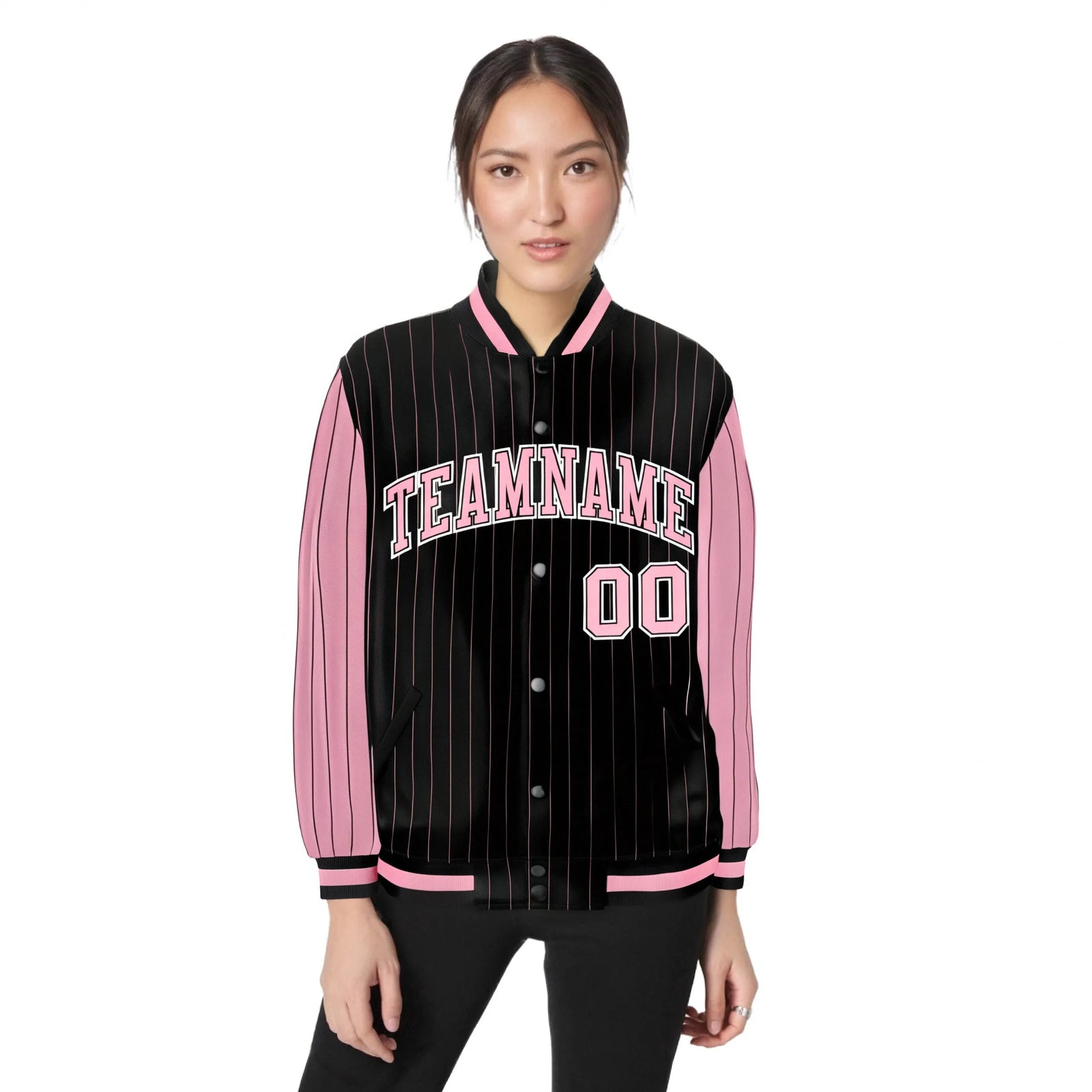 Custom Black Light-Pink Pinstripe White Light-Pink Bomber Full-Snap Varsity Letterman Jacket
