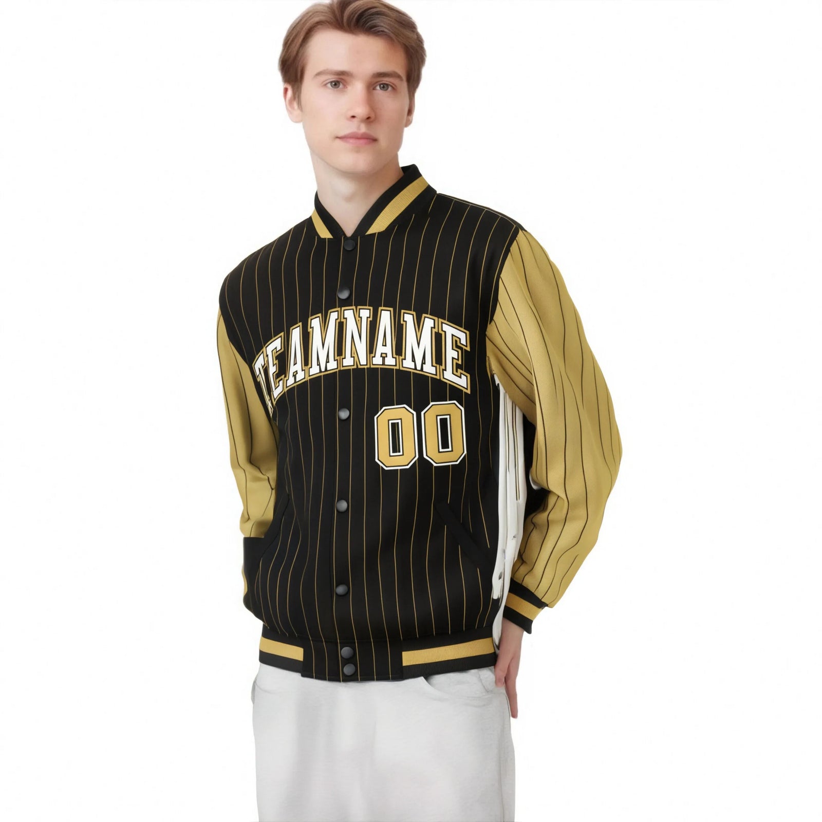 Custom Black Old-Gold Pinstripe Old-Gold White Bomber Full-Snap Varsity Letterman Jacket