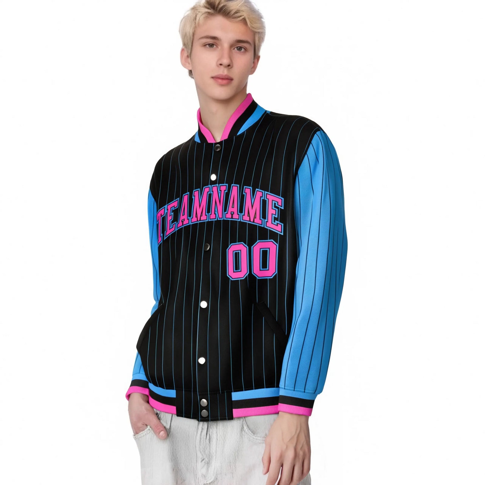 Custom Black Blue Pinstripe Blue-Pink Bomber Full-Snap Varsity Letterman Jacket