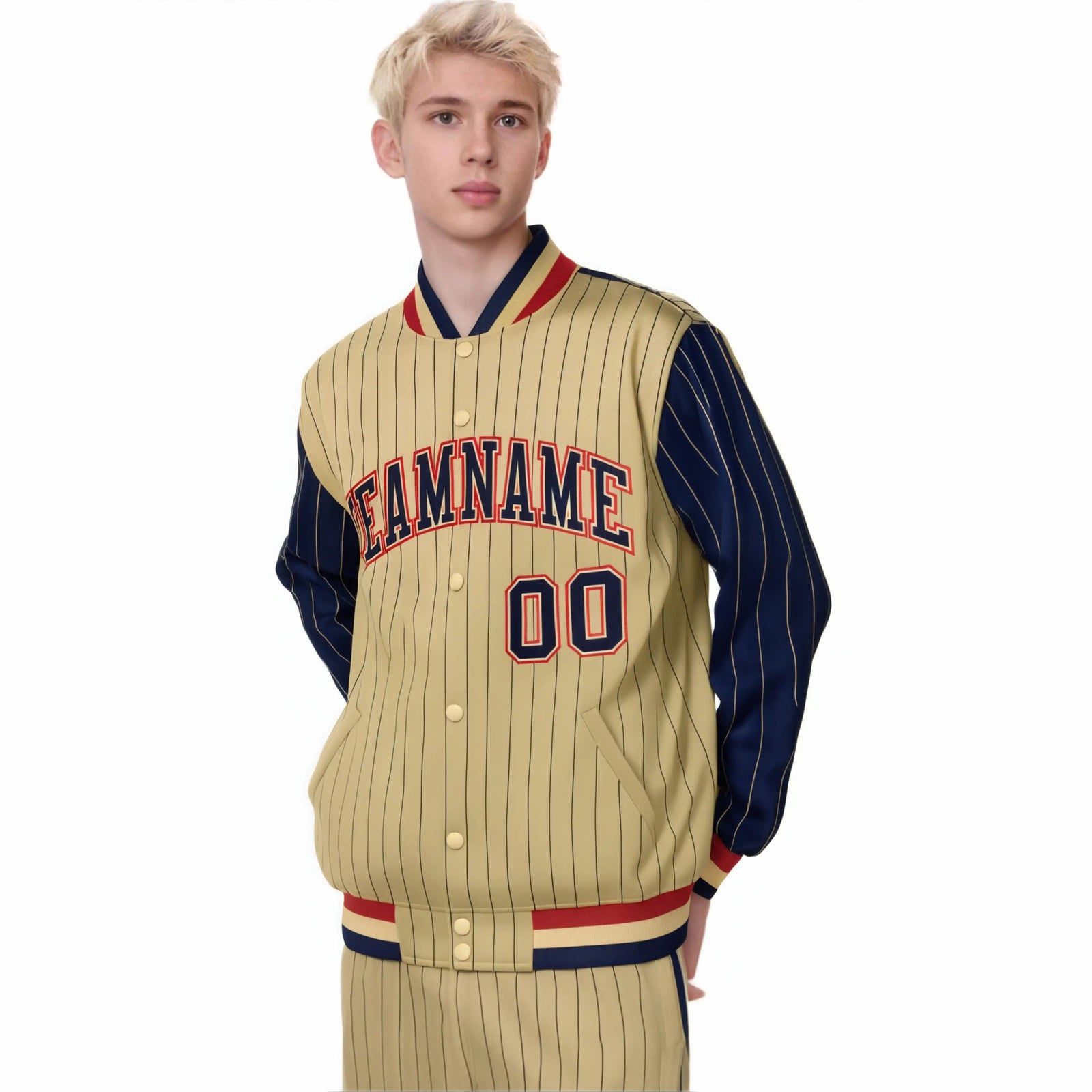 Custom Old Gold Navy Pinstripe Red-Navy Bomber Full-Snap Varsity Letterman Jacket