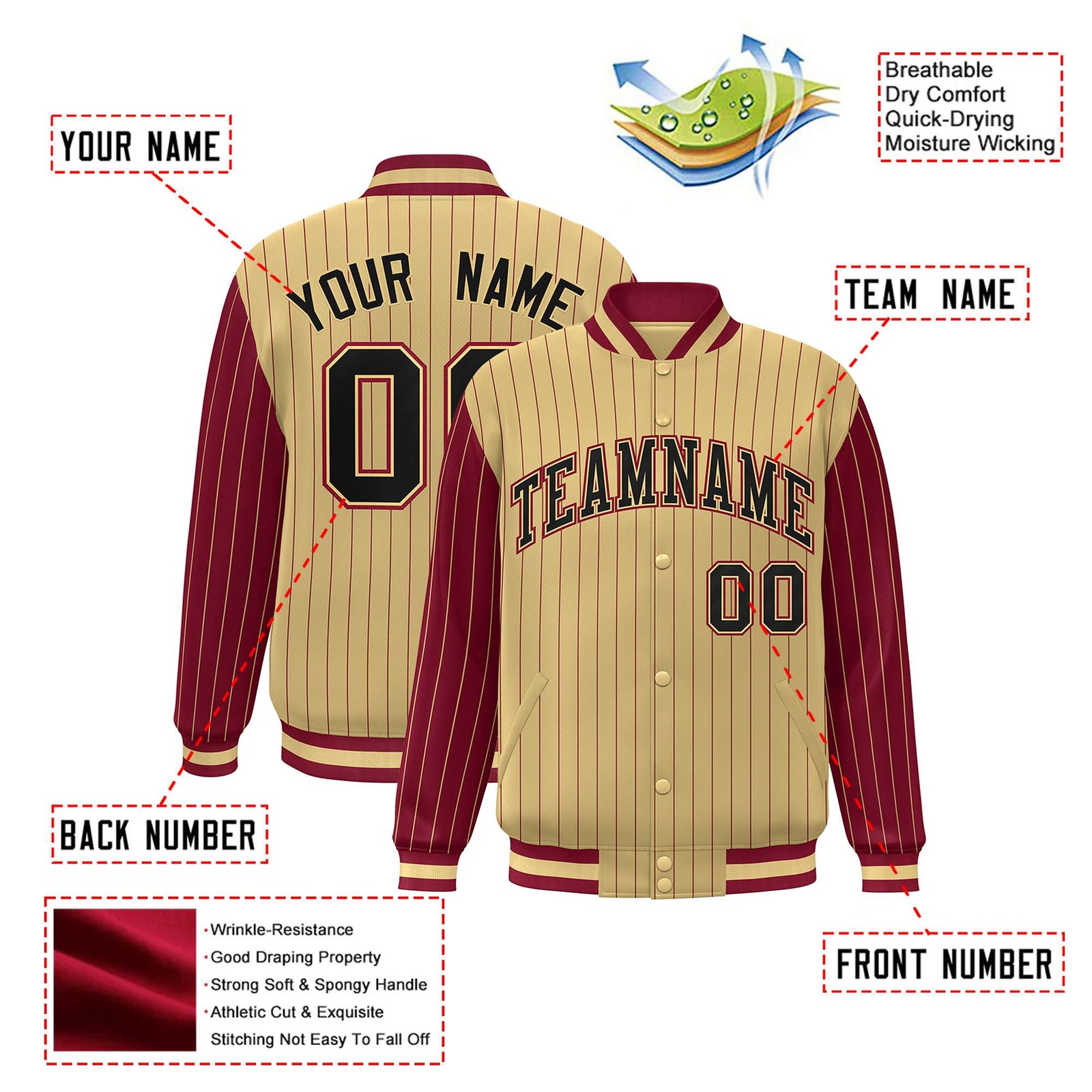 Custom Old Gold Crimson Pinstripe Crimson-Black Bomber Full-Snap Varsity Letterman Jacket