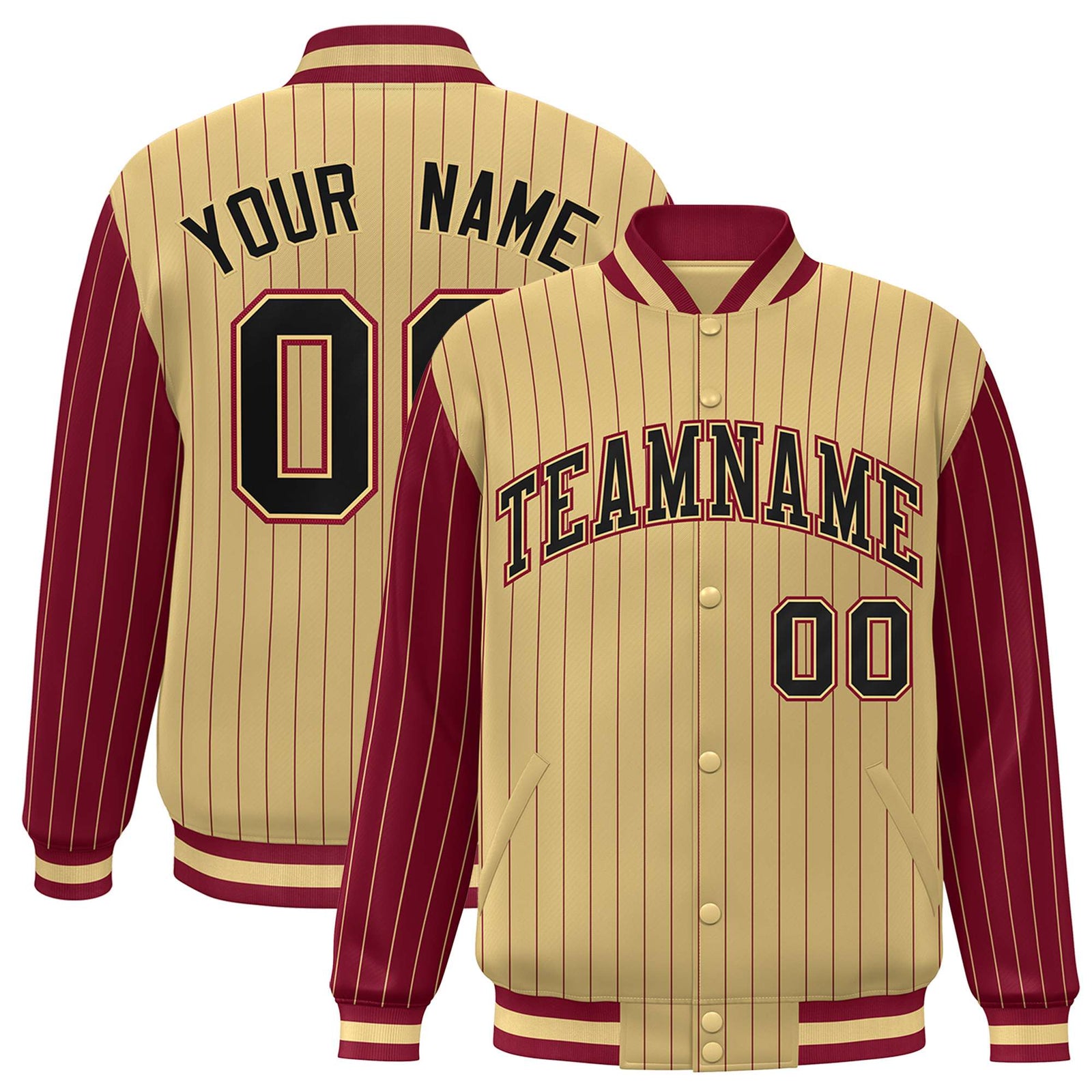 Custom Old Gold Crimson Pinstripe Crimson-Black Bomber Full-Snap Varsity Letterman Jacket