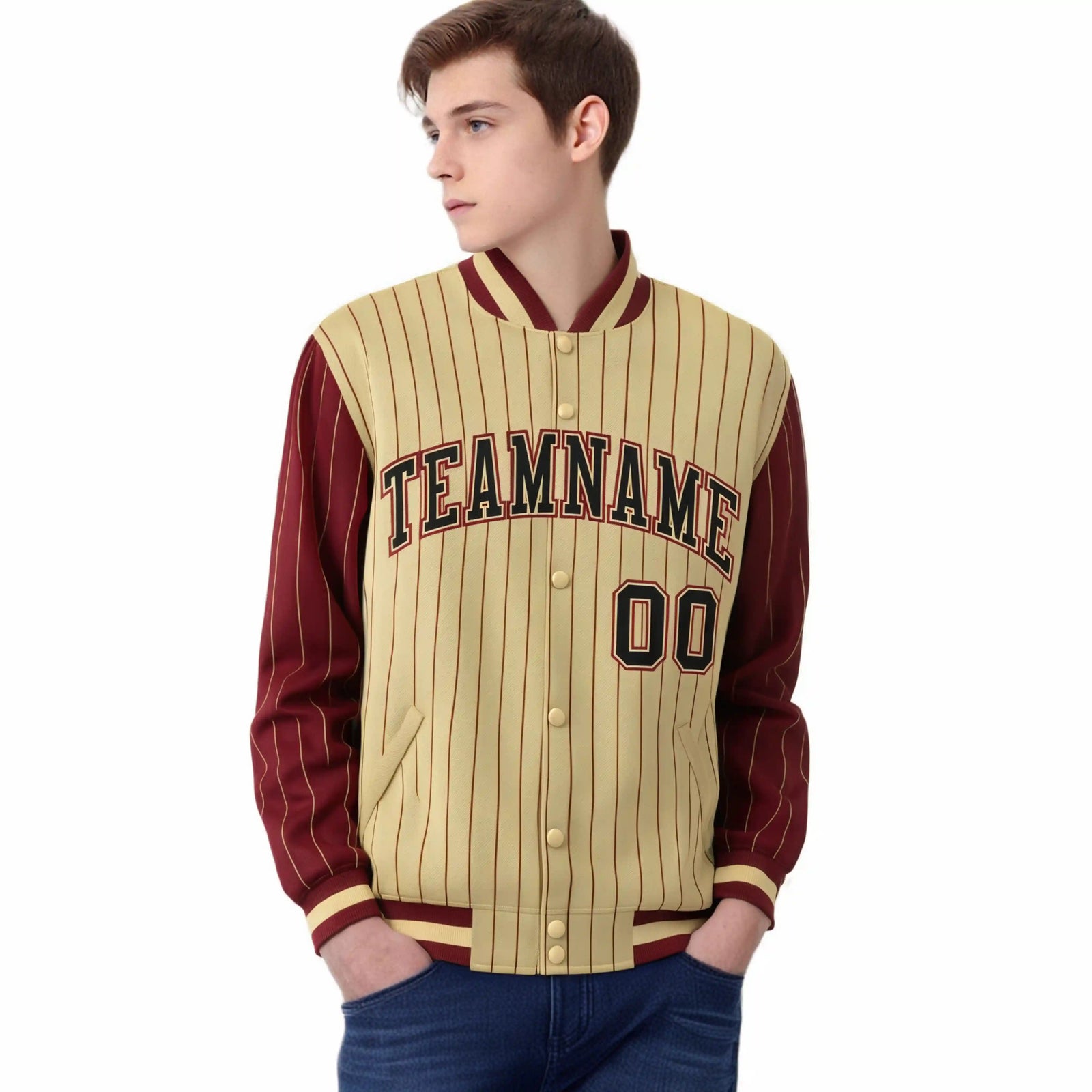 Custom Old Gold Crimson Pinstripe Crimson-Black Bomber Full-Snap Varsity Letterman Jacket