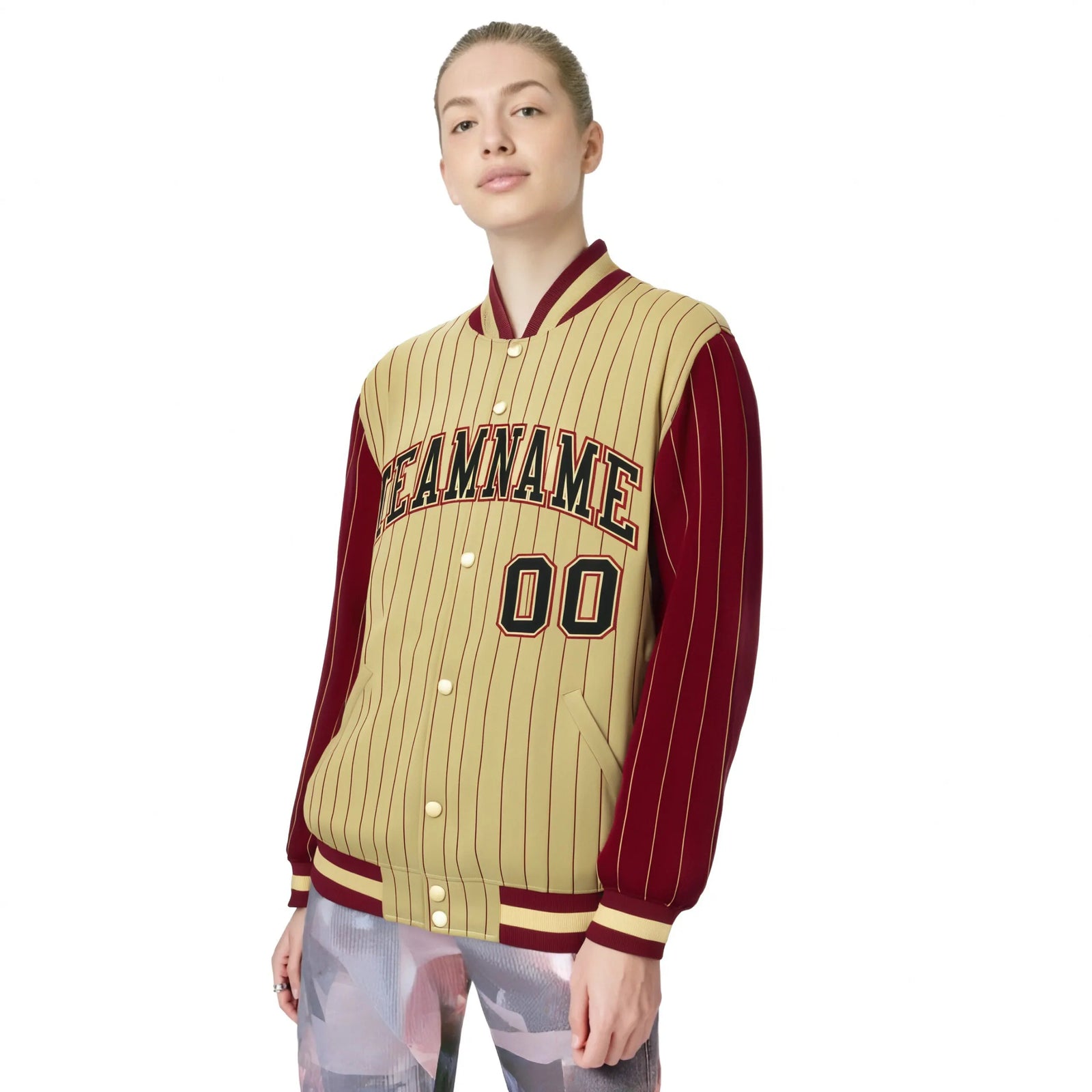 Custom Old Gold Crimson Pinstripe Crimson-Black Bomber Full-Snap Varsity Letterman Jacket