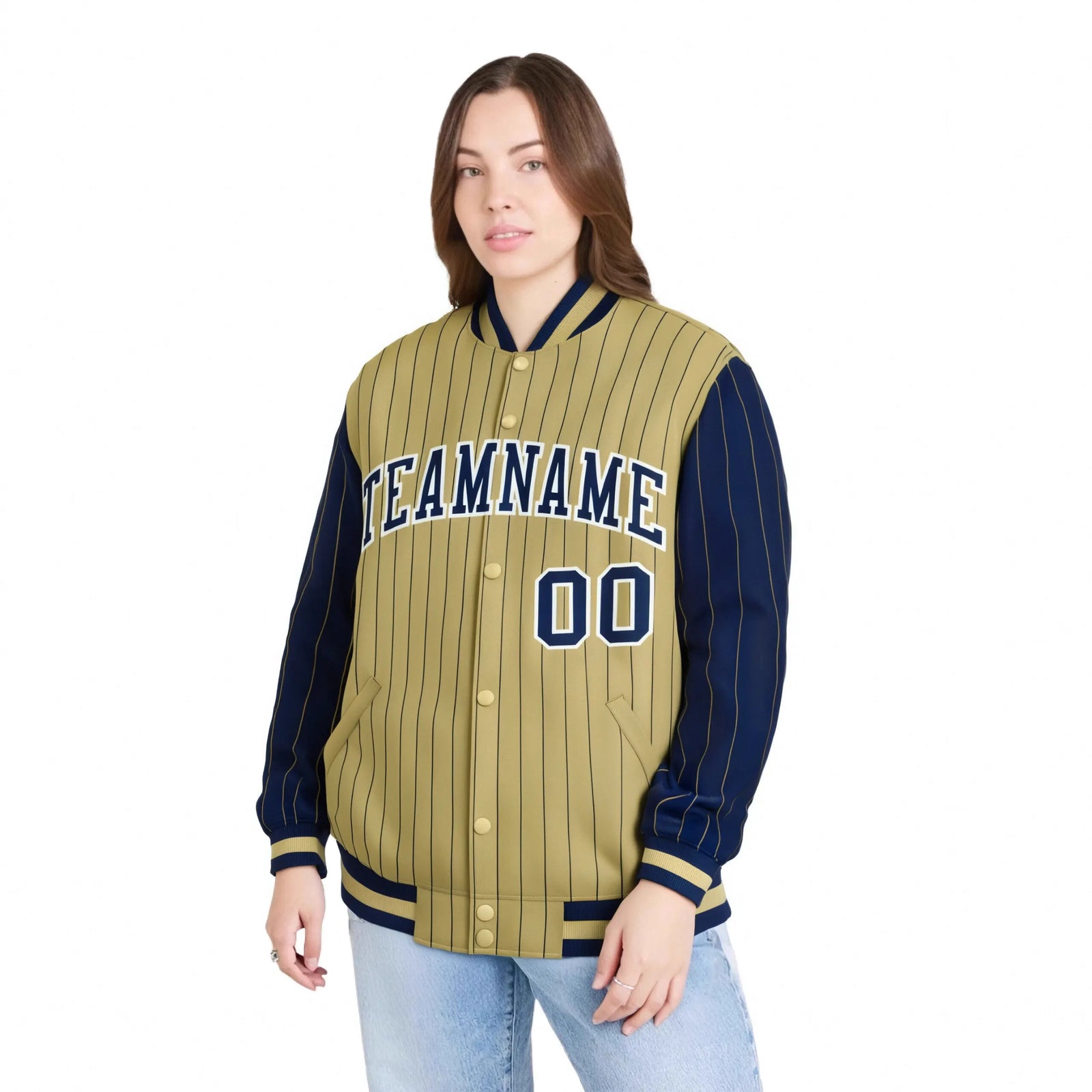Custom Old Gold Navy Pinstripe White-Navy Bomber Full-Snap Varsity Letterman Jacket