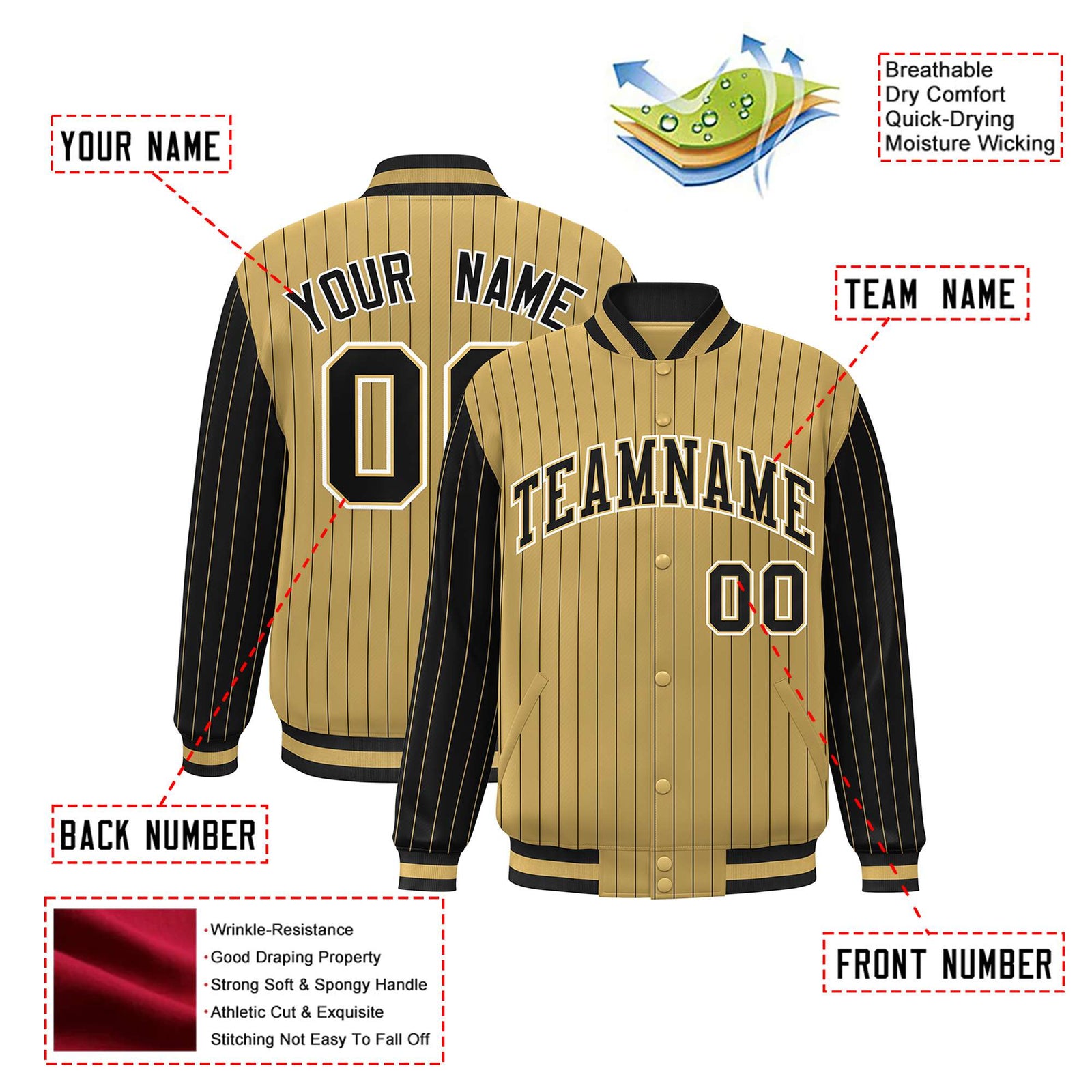 Custom Old Gold Black Pinstripe White-Black Bomber Full-Snap Varsity Letterman Jacket