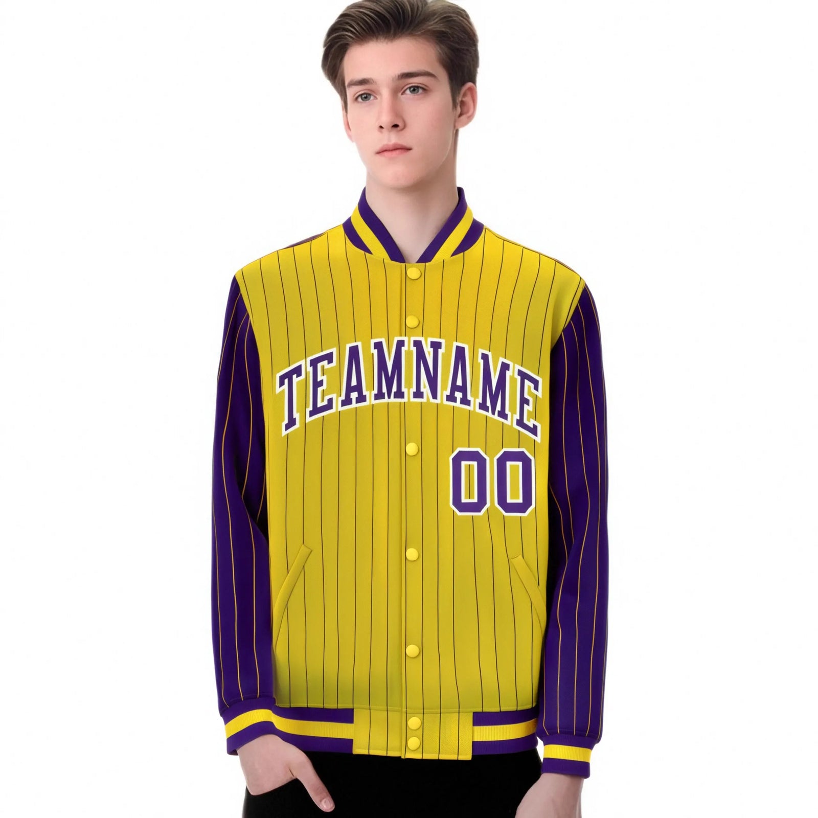 Custom Gold Purple Pinstripe White-Purple Bomber Full-Snap Varsity Letterman Jacket