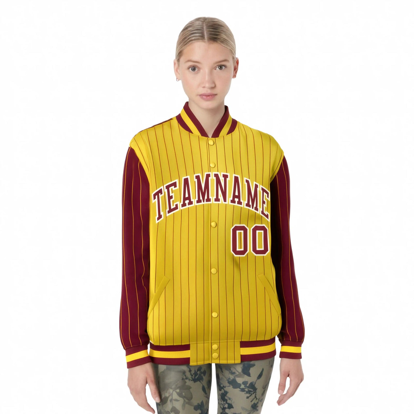 Custom Gold Crimson Pinstripe White-Crimson Bomber Full-Snap Varsity Letterman Jacket