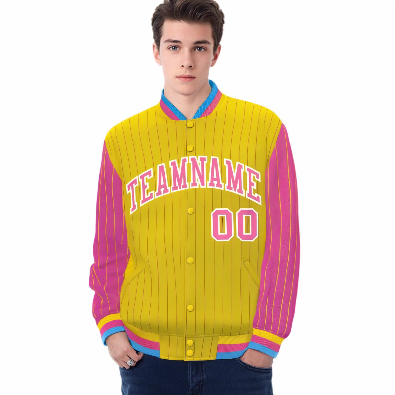 Custom Gold Pink Pinstripe White-Pink Bomber Full-Snap Varsity Letterman Jacket