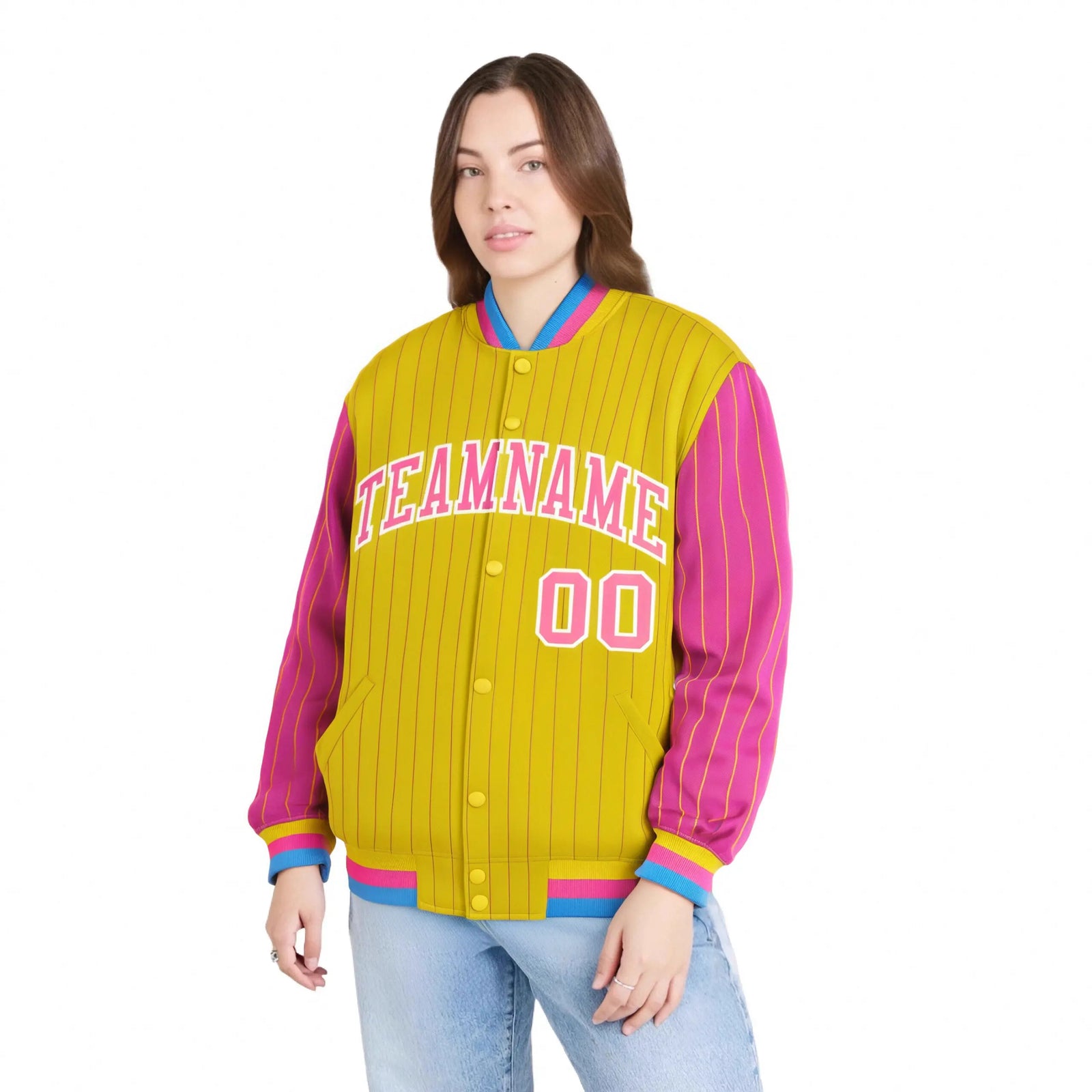 Custom Gold Pink Pinstripe White-Pink Bomber Full-Snap Varsity Letterman Jacket