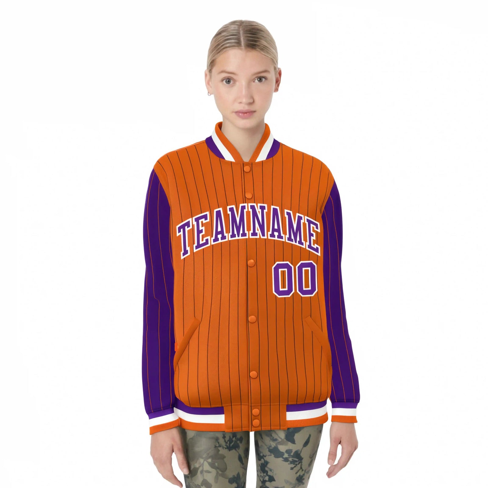 Custom Orange Purple Pinstripe White-Purple Bomber Full-Snap Varsity Letterman Jacket