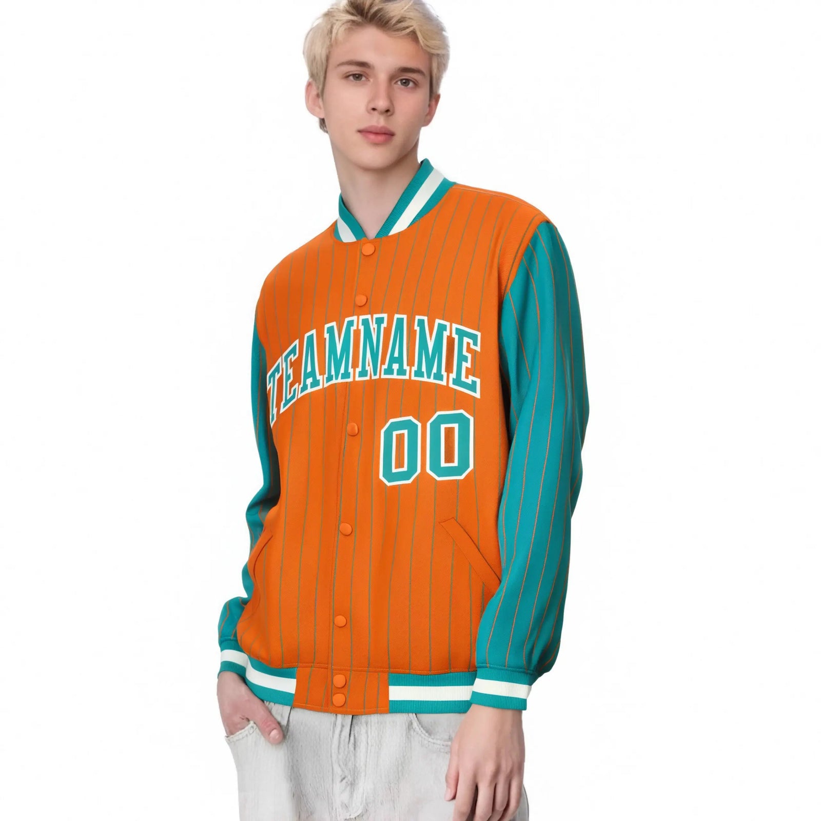 Custom Orange Aqua Pinstripe White-Aqua Bomber Full-Snap Varsity Letterman Jacket