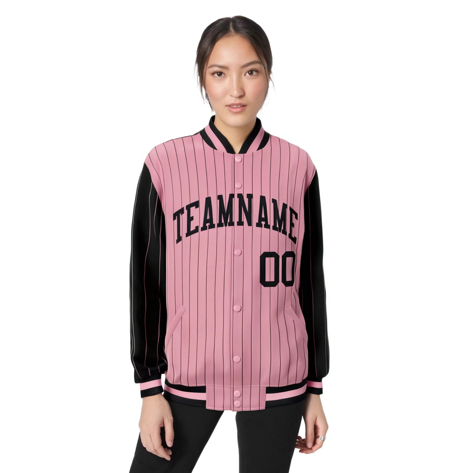 Custom Light-Pink Black Pinstripe Black Bomber Full-Snap Varsity Letterman Jacket