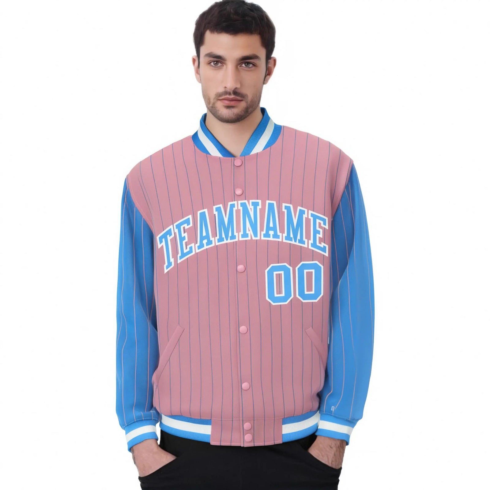Custom Light-Pink Powder-Blue Pinstripe White Powder-Blue Bomber Full-Snap Varsity Letterman Jacket
