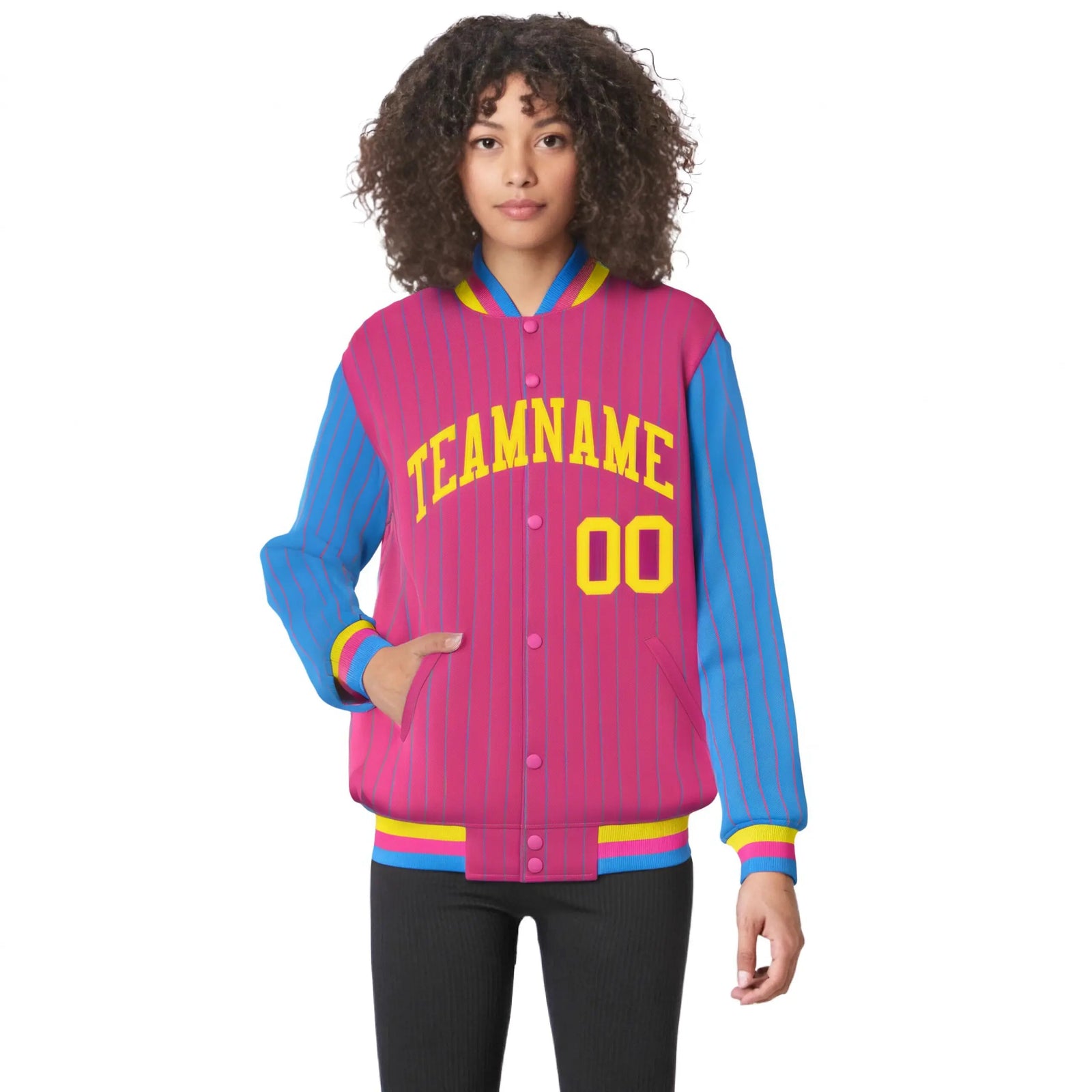 Custom Pink Powder-Blue Pinstripe Gold Bomber Full-Snap Varsity Letterman Jacket