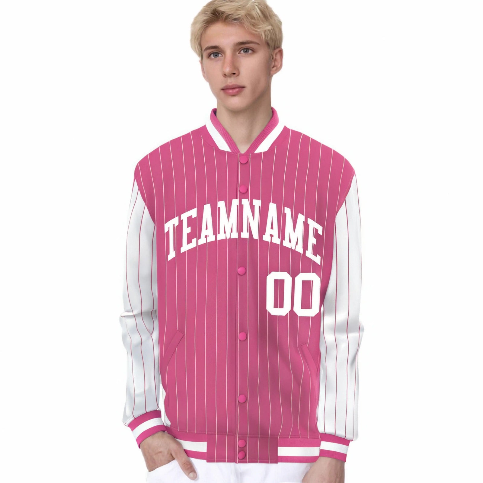 Custom Pink White Pinstripe White Bomber Full-Snap Varsity Letterman Jacket