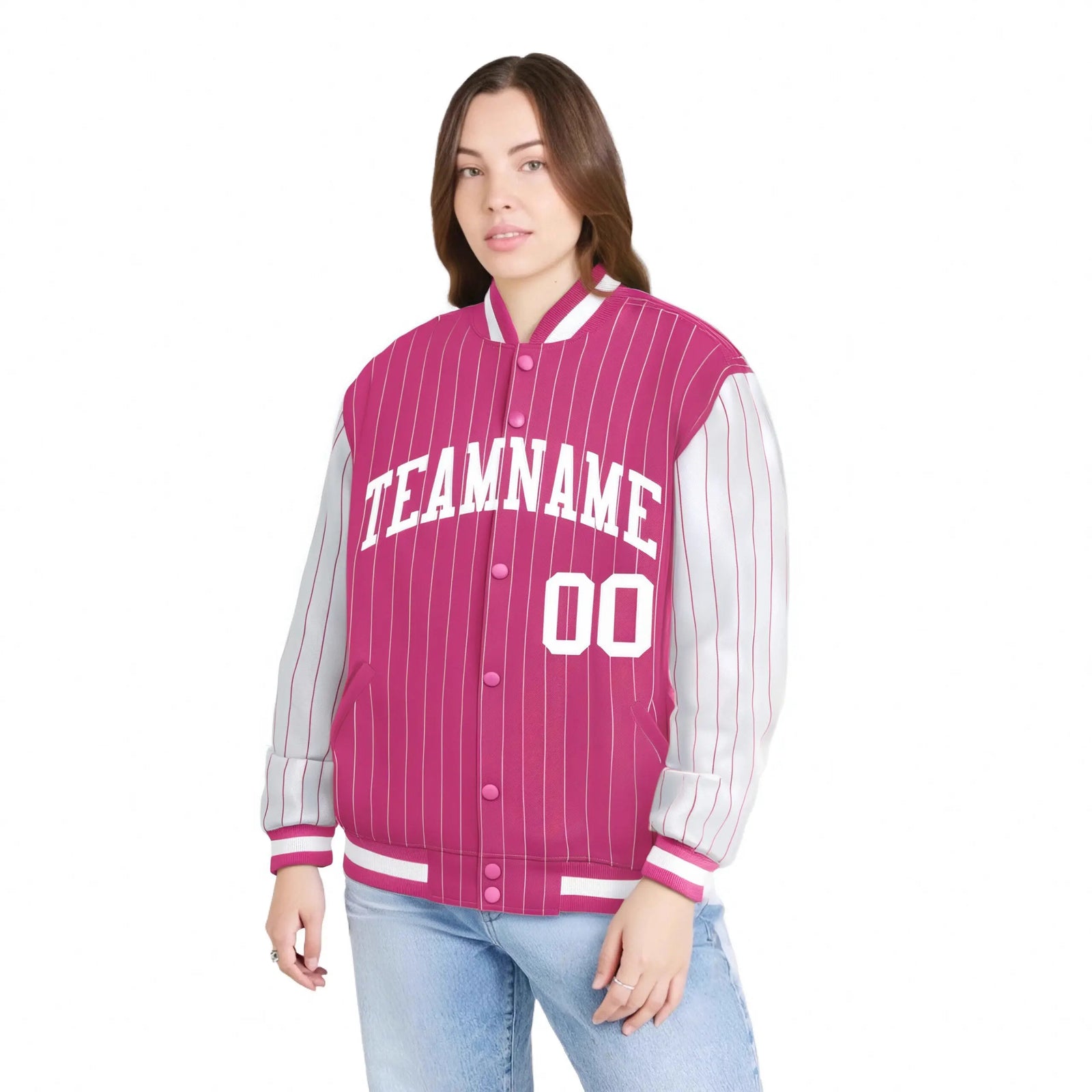 Custom Pink White Pinstripe White Bomber Full-Snap Varsity Letterman Jacket
