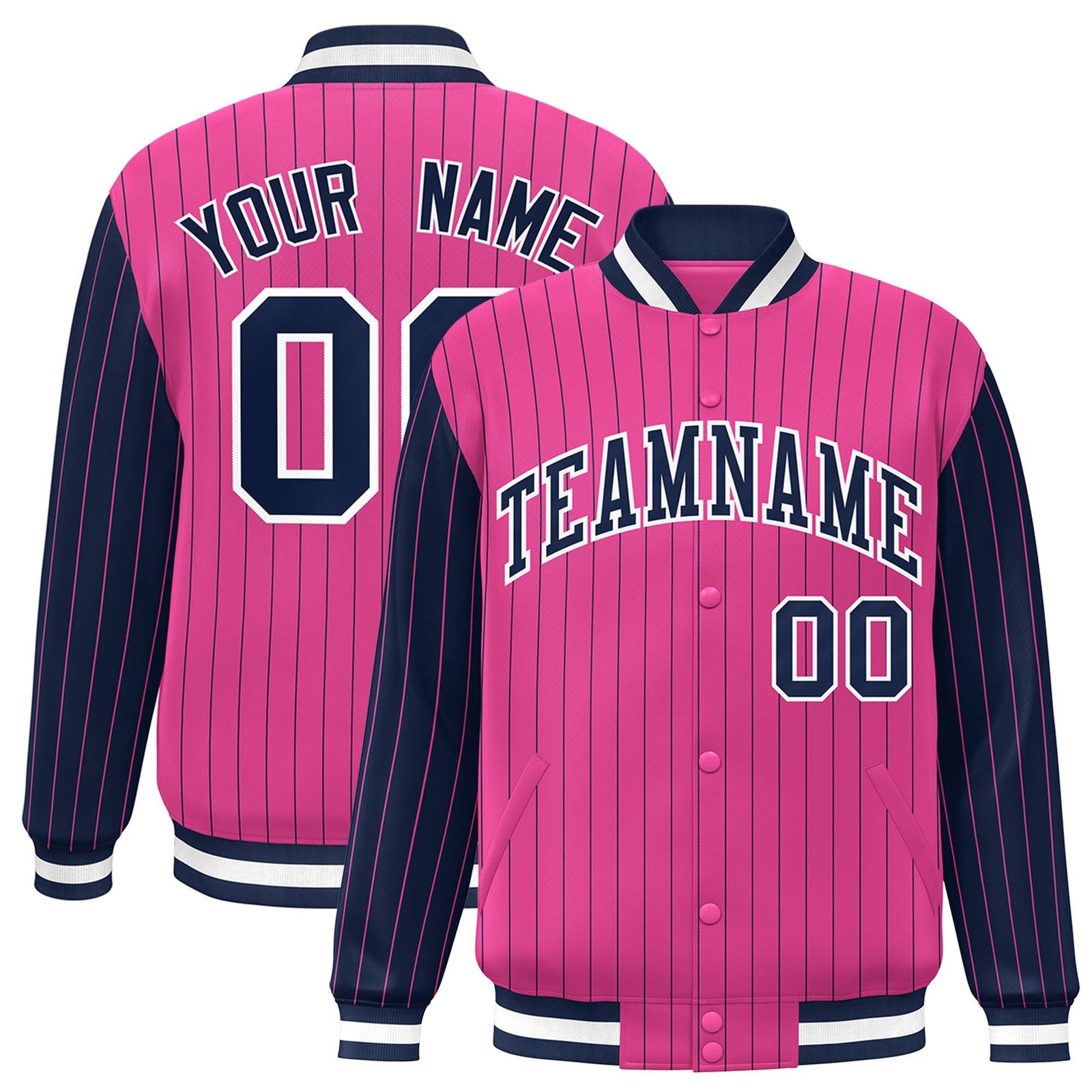 Custom Pink Navy Pinstripe White-Navy Bomber Full-Snap Varsity Letterman Jacket