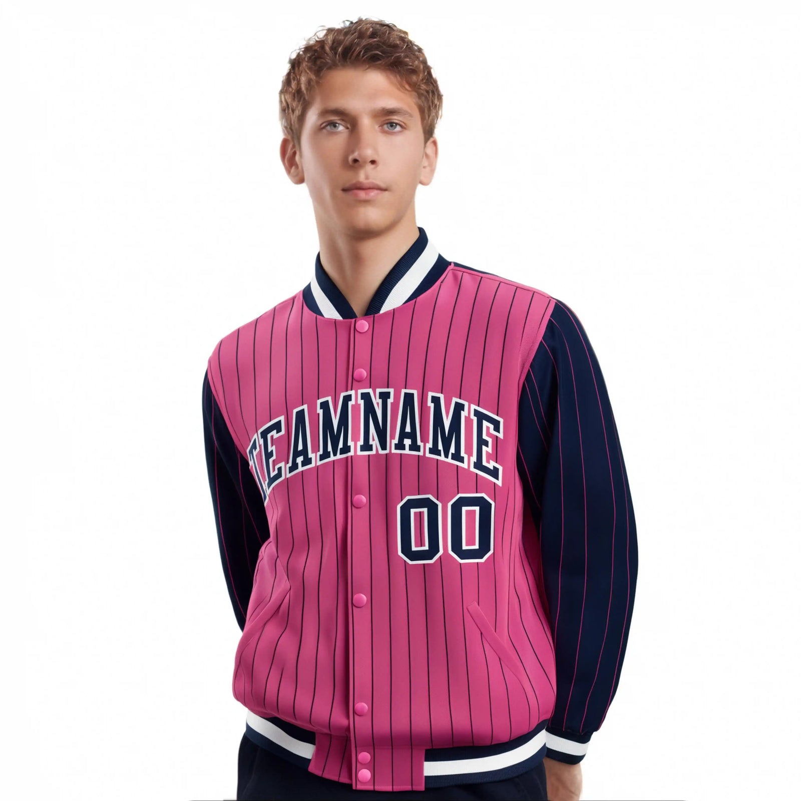 Custom Pink Navy Pinstripe White-Navy Bomber Full-Snap Varsity Letterman Jacket