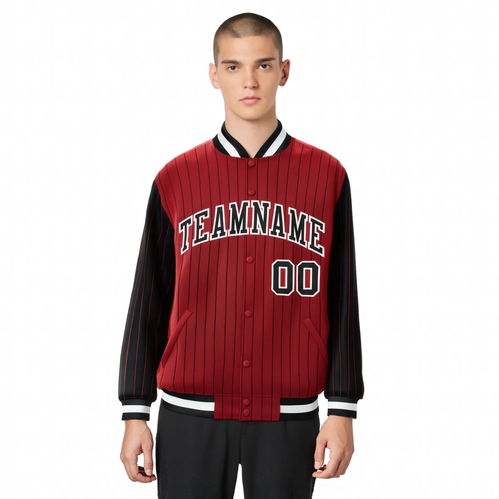 Custom Red Black Pinstripe White-Black Bomber Full-Snap Varsity Letterman Jacket