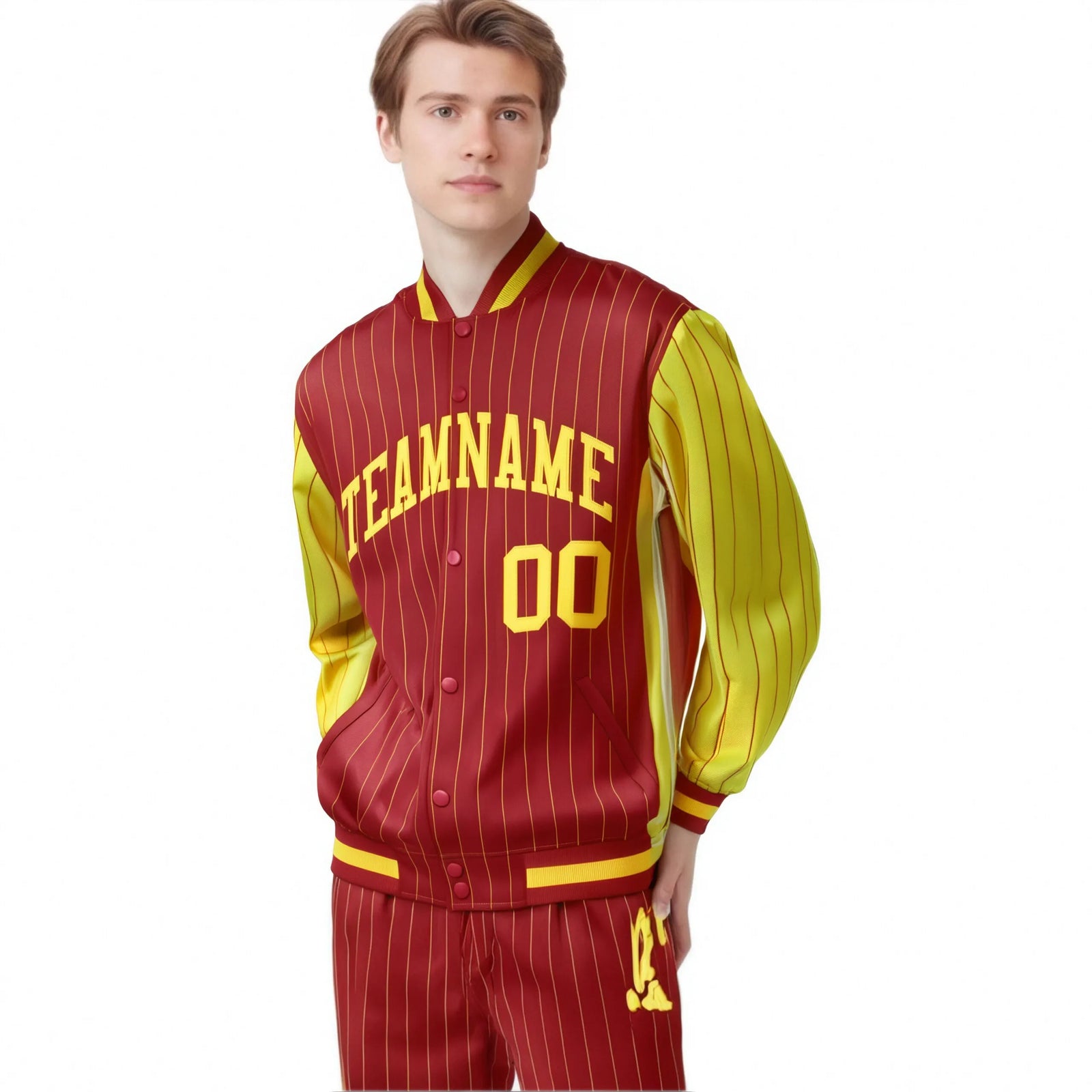 Custom Red Gold Pinstripe Gold Bomber Full-Snap Varsity Letterman Jacket