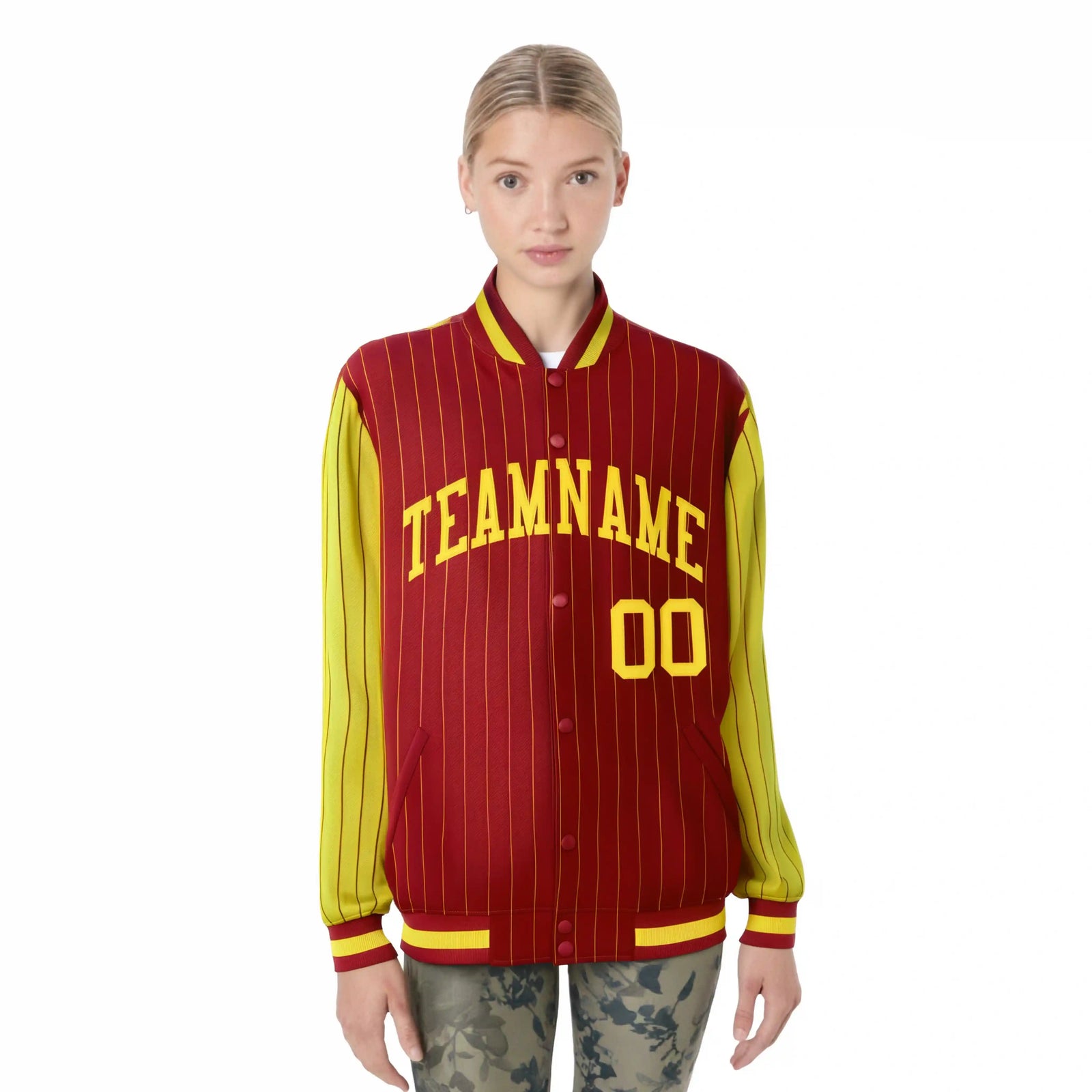 Custom Red Gold Pinstripe Gold Bomber Full-Snap Varsity Letterman Jacket