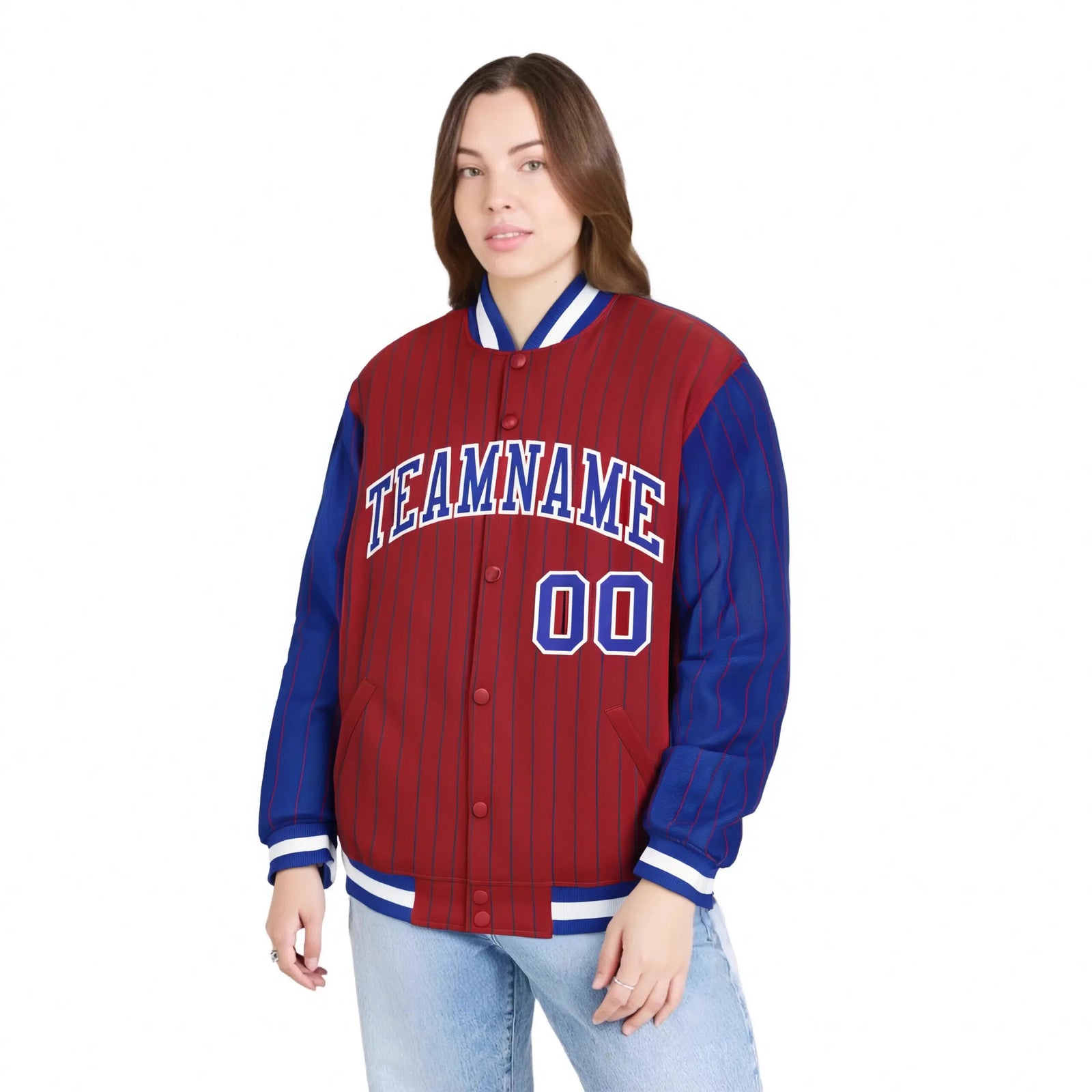 Custom Red Royal-Blue Pinstripe White Royal-Blue Bomber Full-Snap Varsity Letterman Jacket