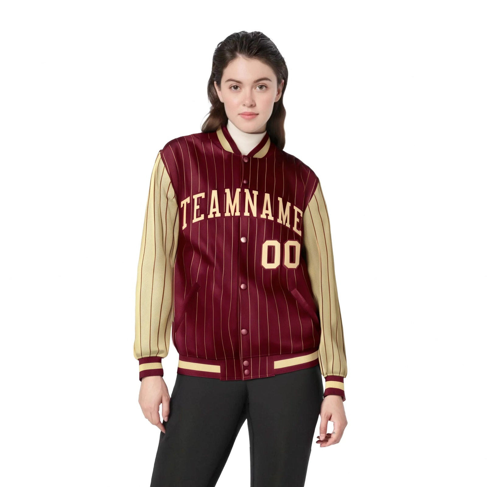 Custom Crimson Old-Gold Pinstripe Old-Gold Bomber Full-Snap Varsity Letterman Jacket