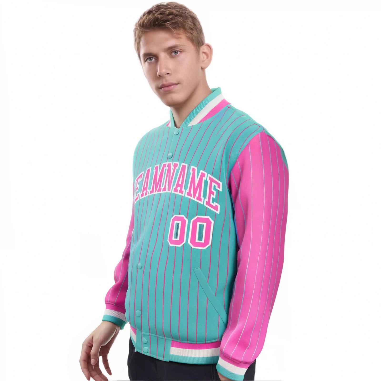 Custom Aqua Pink Pinstripe White-Pink Bomber Full-Snap Varsity Letterman Jacket