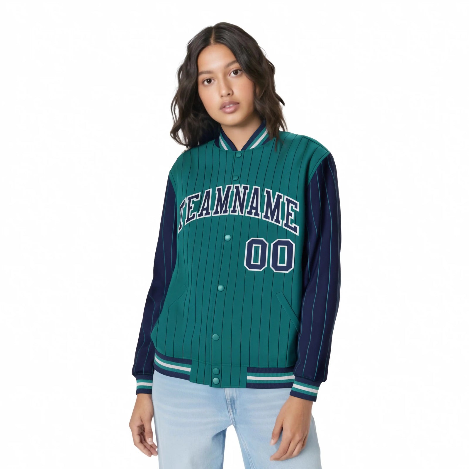 Custom Midnight Green Navy Pinstripe Gray-Navy Bomber Full-Snap Varsity Letterman Jacket