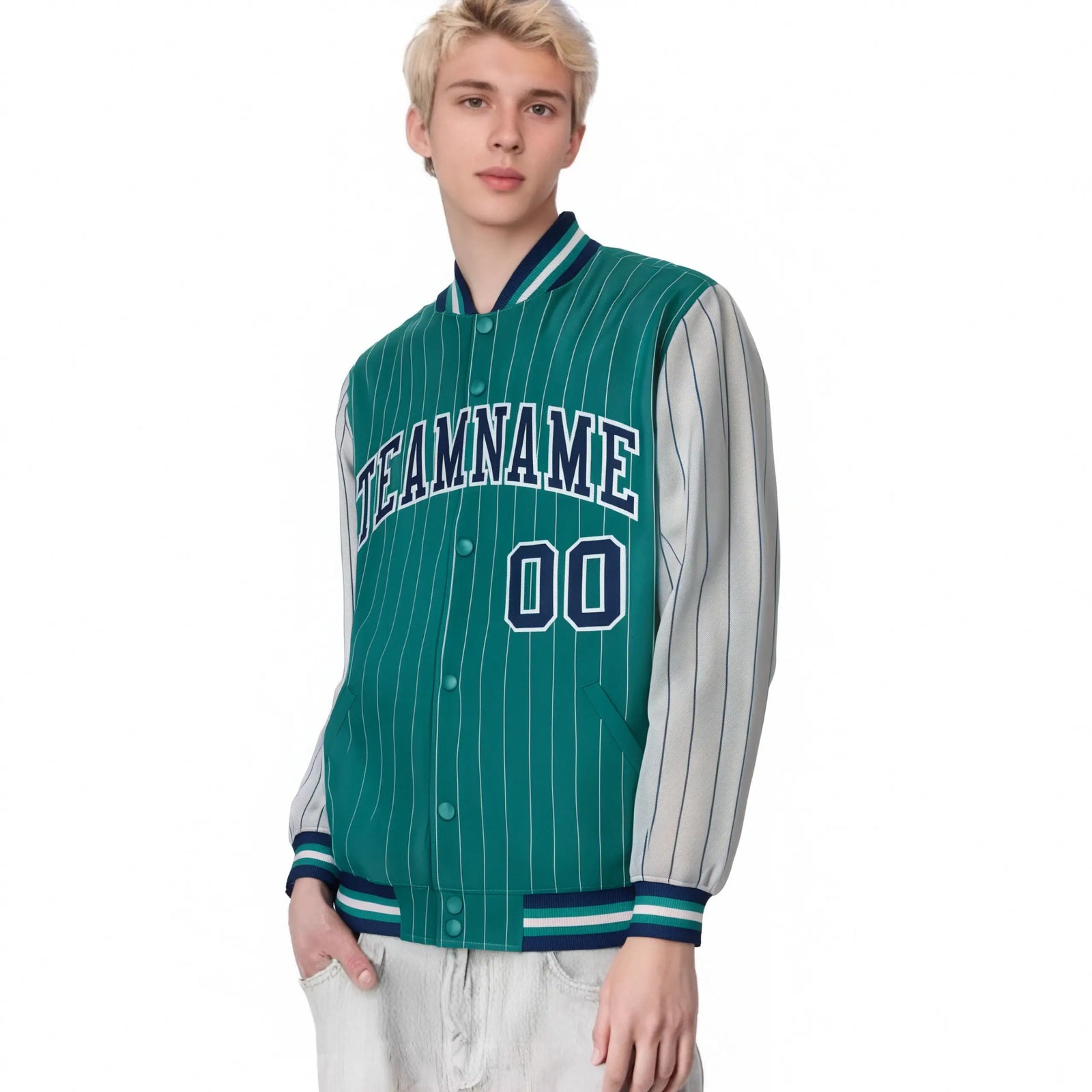 Custom Green Gray Pinstripe Gray-Navy Bomber Full-Snap Varsity Letterman Jacket