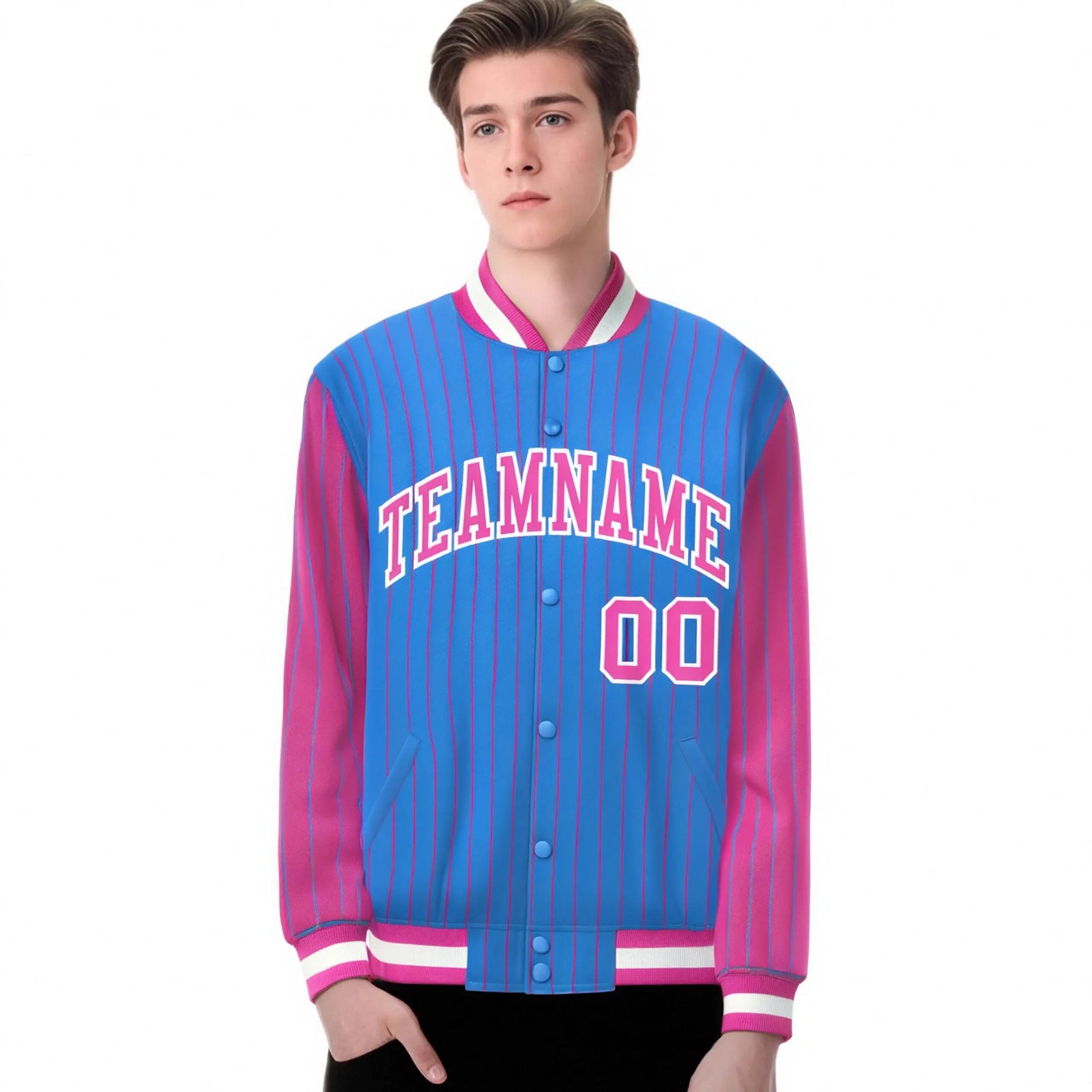Custom Powder Blue Pink Pinstripe White-Pink Bomber Full-Snap Varsity Letterman Jacket