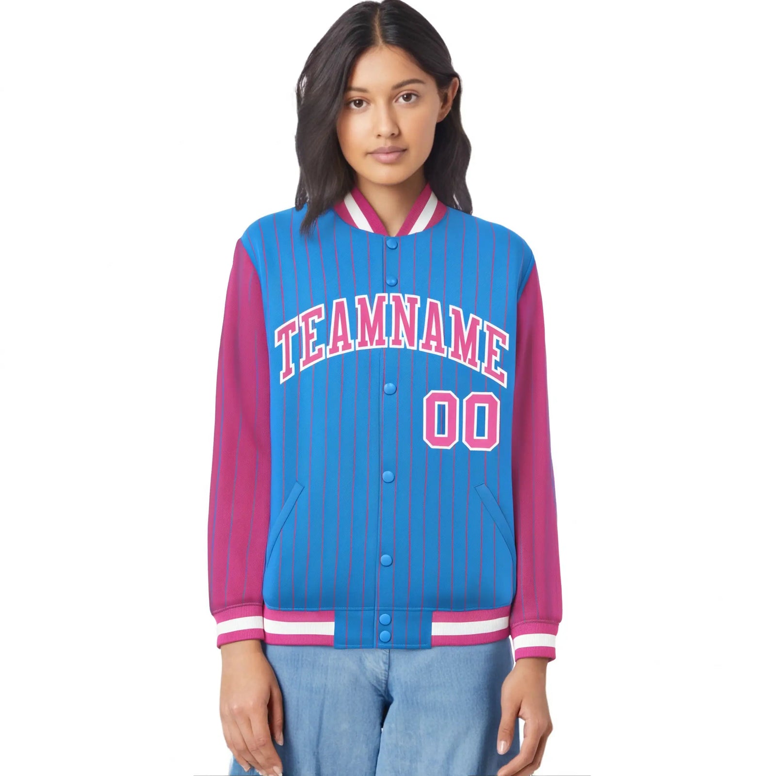 Custom Powder Blue Pink Pinstripe White-Pink Bomber Full-Snap Varsity Letterman Jacket