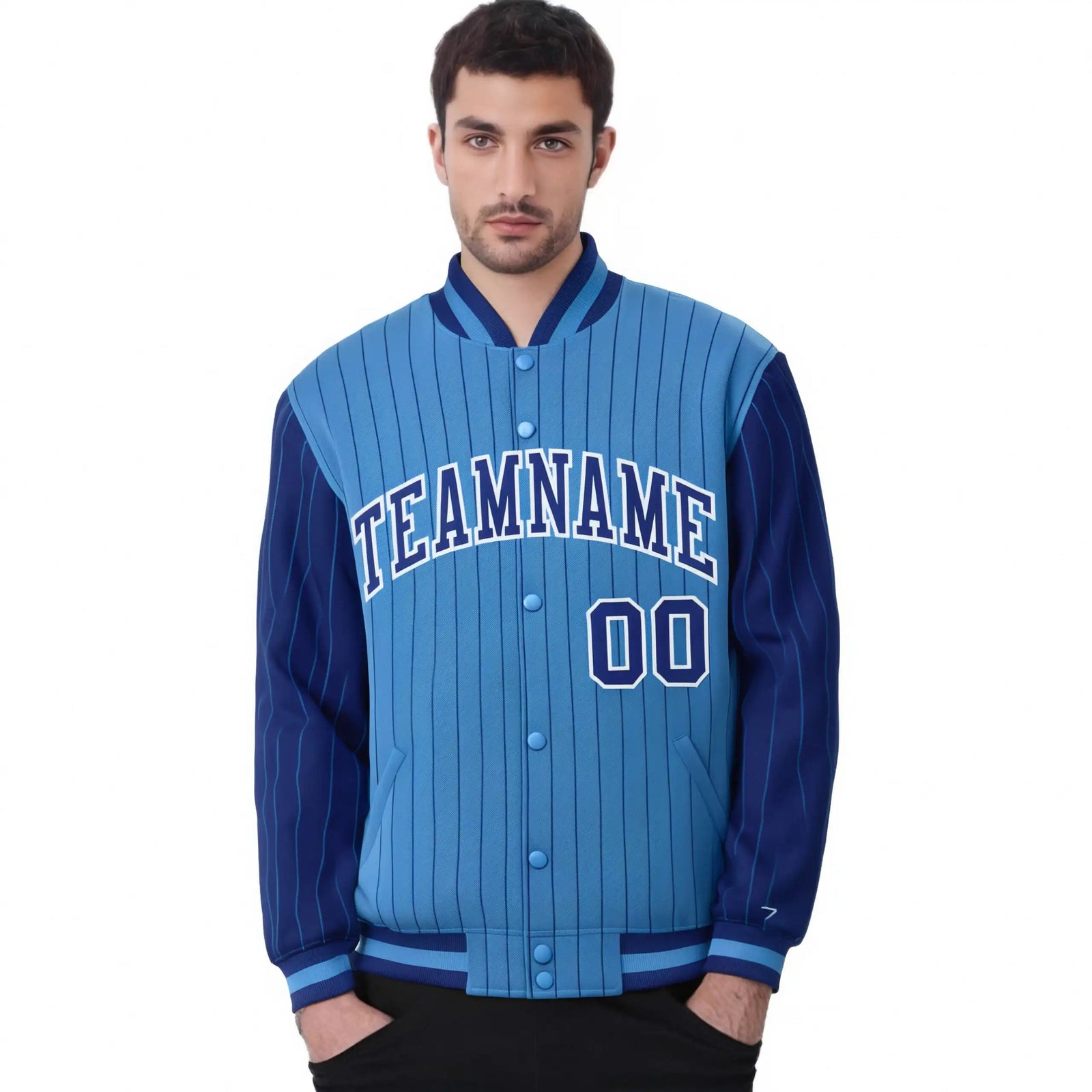 Custom Powder Blue Royal-Blue Pinstripe White Royal-Blue Bomber Full-Snap Varsity Letterman Jacket